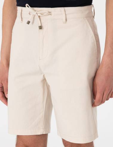 Bej Slim Fit Keten Karışımlı Beli Bağcıklı Dokuma Şort