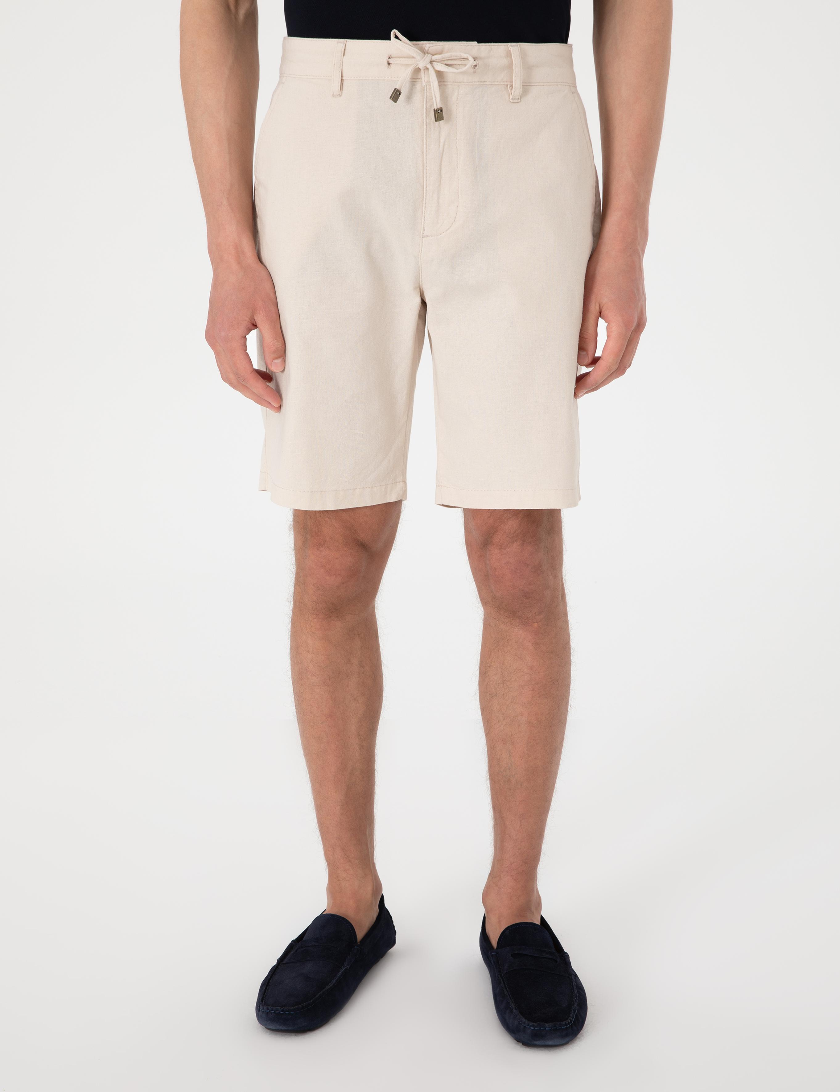 Bej Slim Fit Keten Karışımlı Beli Bağcıklı Dokuma Şort