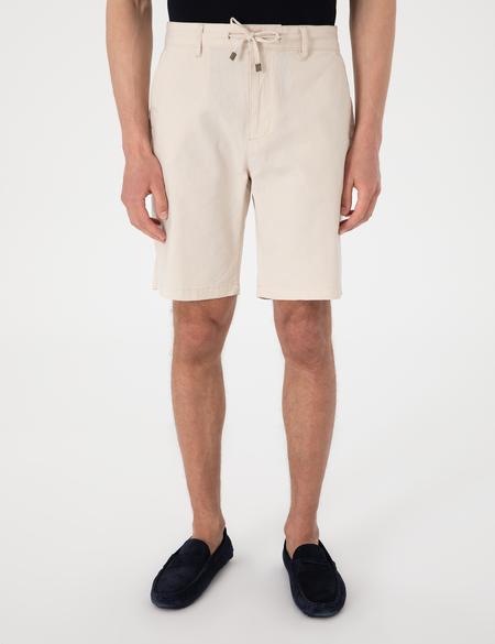 Bej Slim Fit Keten Karışımlı Beli Bağcıklı Dokuma Şort - 50308147002