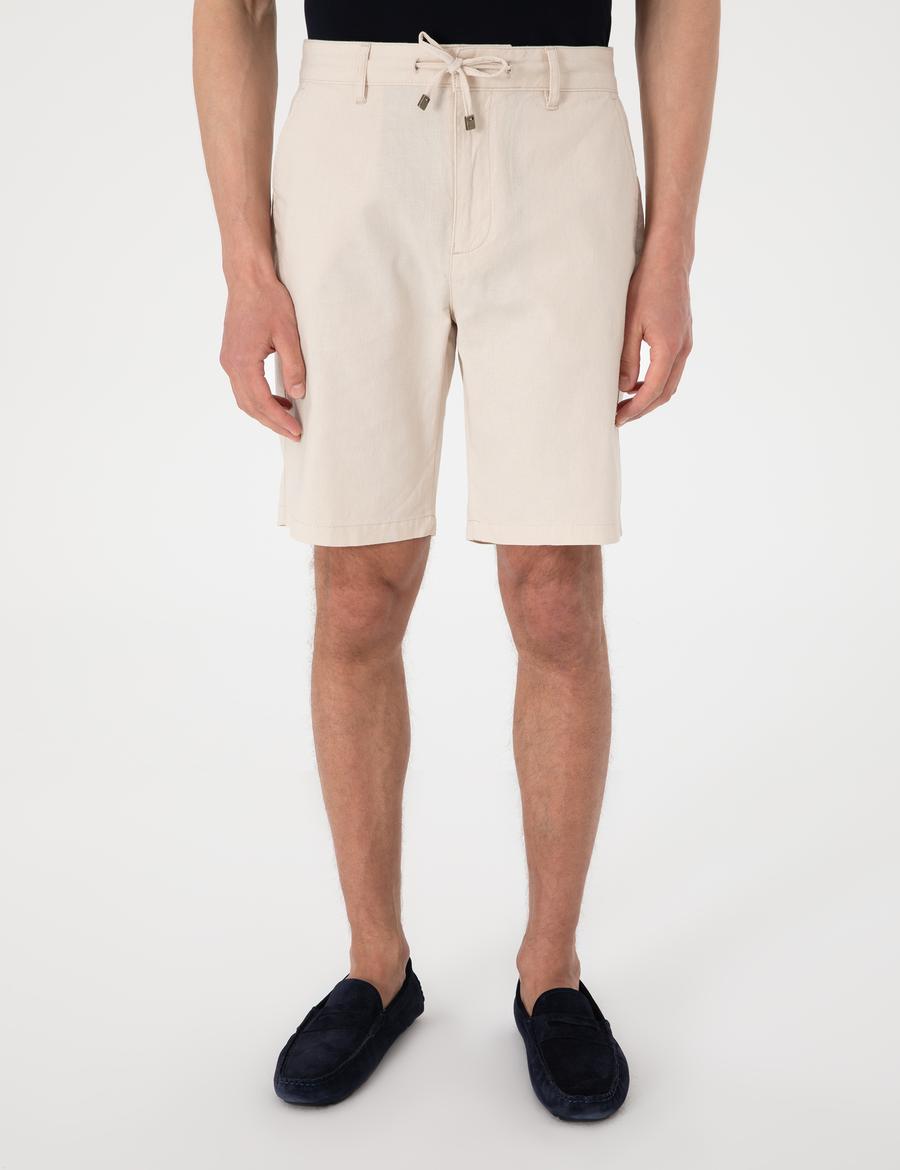 Bej Slim Fit Keten Karışımlı Beli Bağcıklı Dokuma Şort