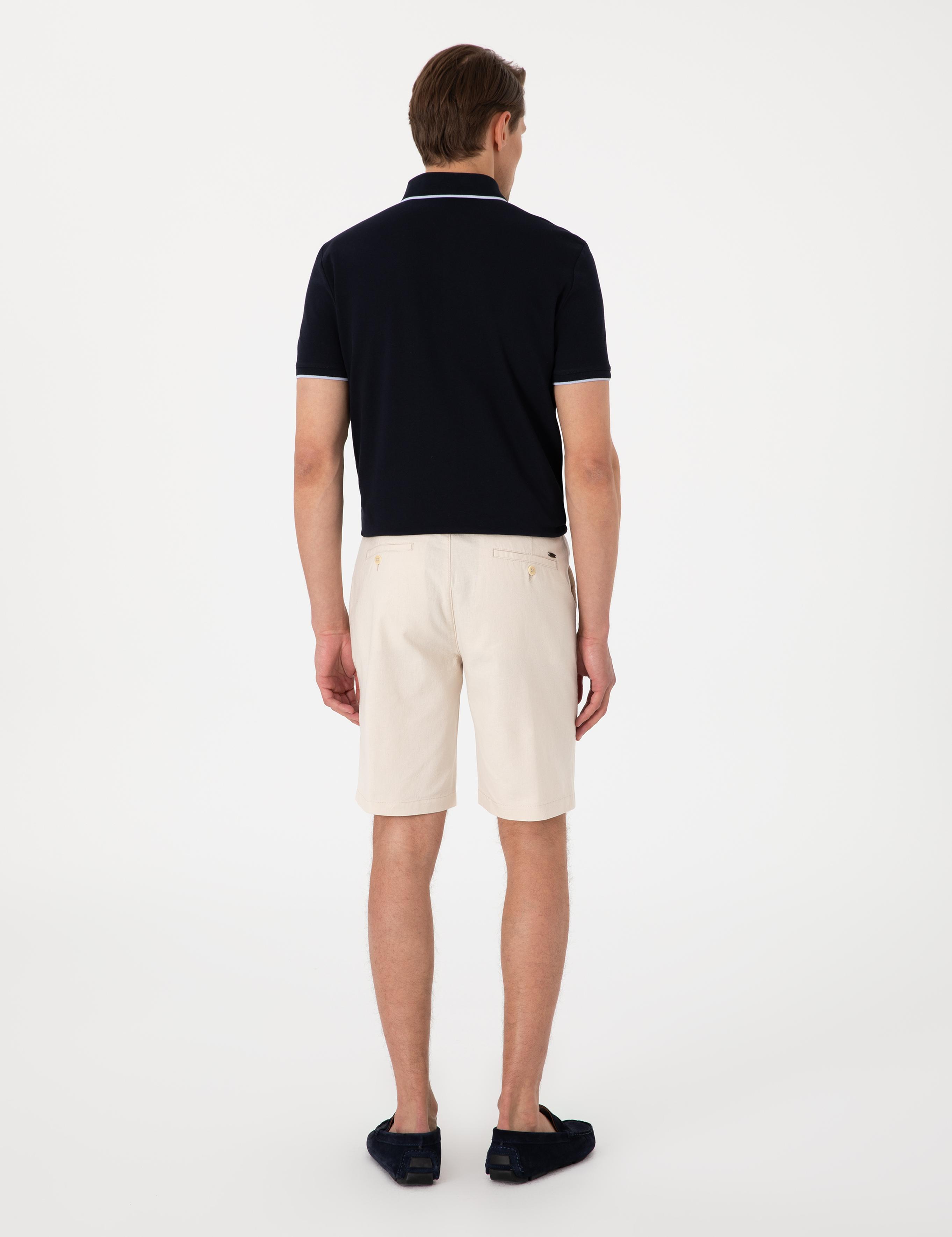 Bej Slim Fit Keten Karışımlı Beli Bağcıklı Dokuma Şort