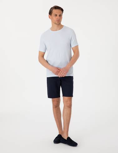 Lacivert Slim Fit Keten Karışımlı Beli Bağcıklı Dokuma Şort