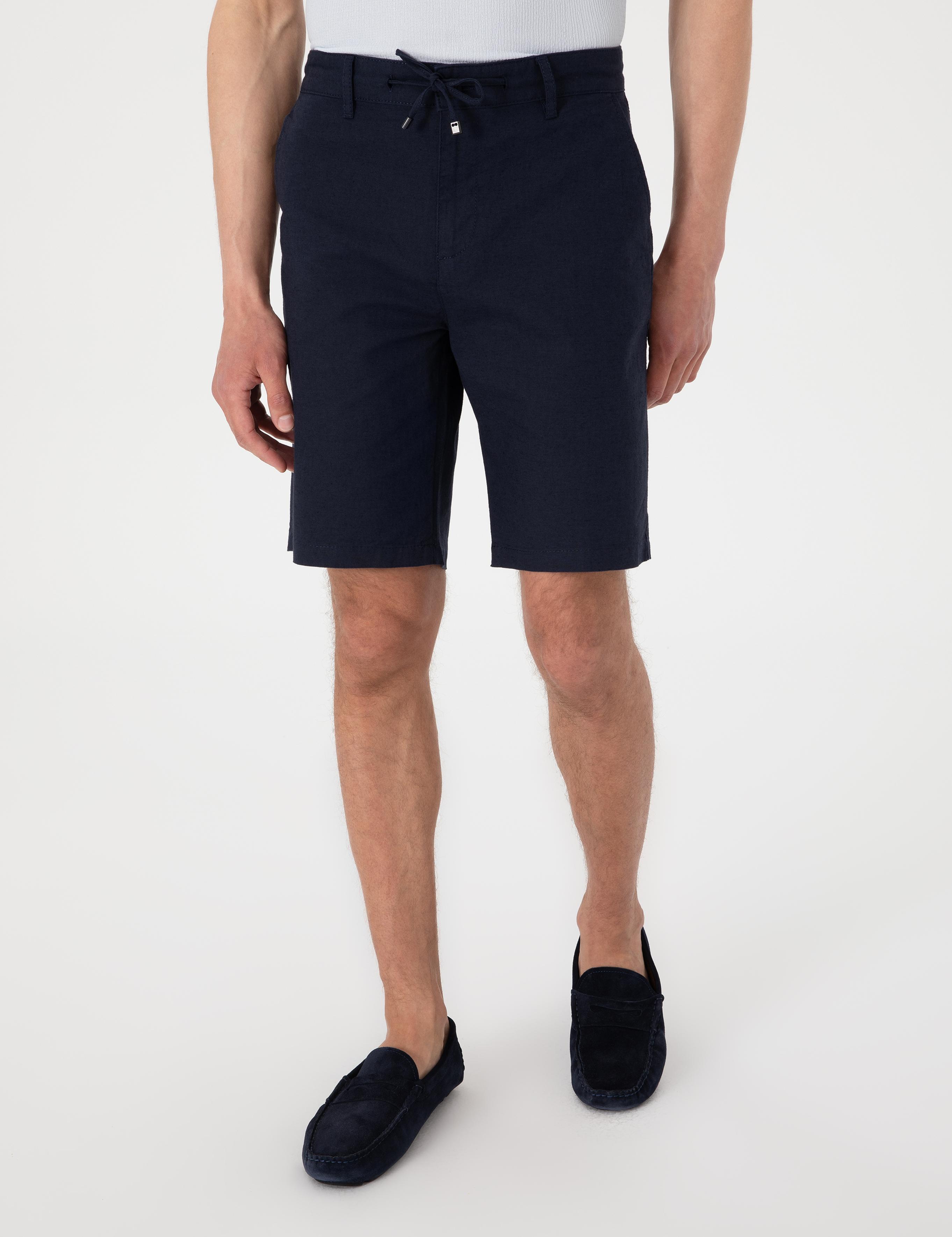 Lacivert Slim Fit Keten Karışımlı Beli Bağcıklı Dokuma Şort