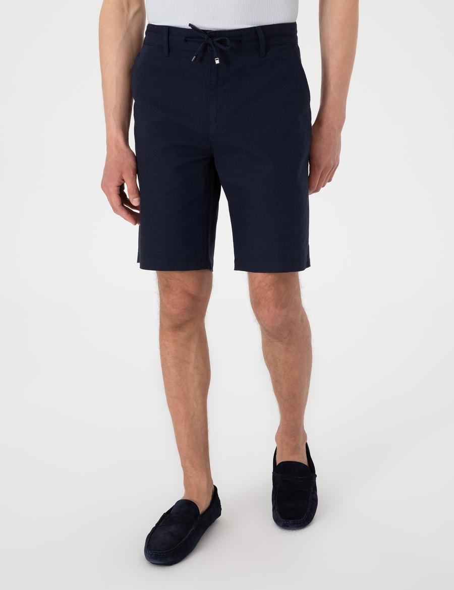 Lacivert Slim Fit Keten Karışımlı Beli Bağcıklı Dokuma Şort