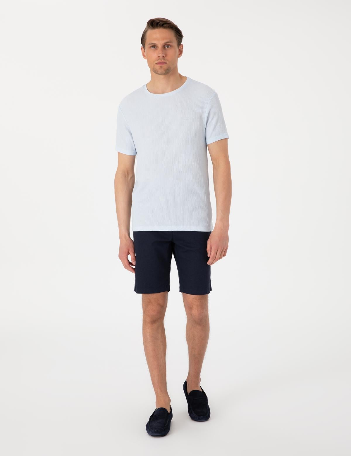 Lacivert Slim Fit Keten Karışımlı Beli Bağcıklı Dokuma Şort