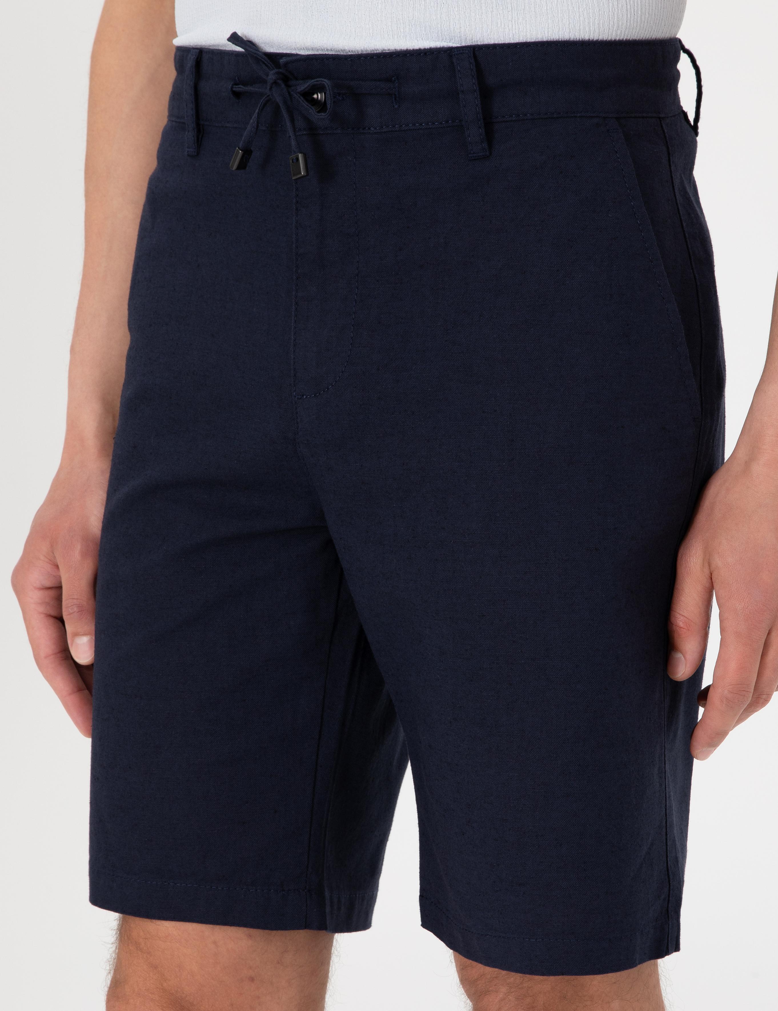 Lacivert Slim Fit Keten Karışımlı Beli Bağcıklı Dokuma Şort