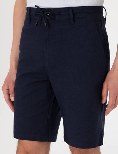 Lacivert Slim Fit Keten Karışımlı Beli Bağcıklı Dokuma Şort