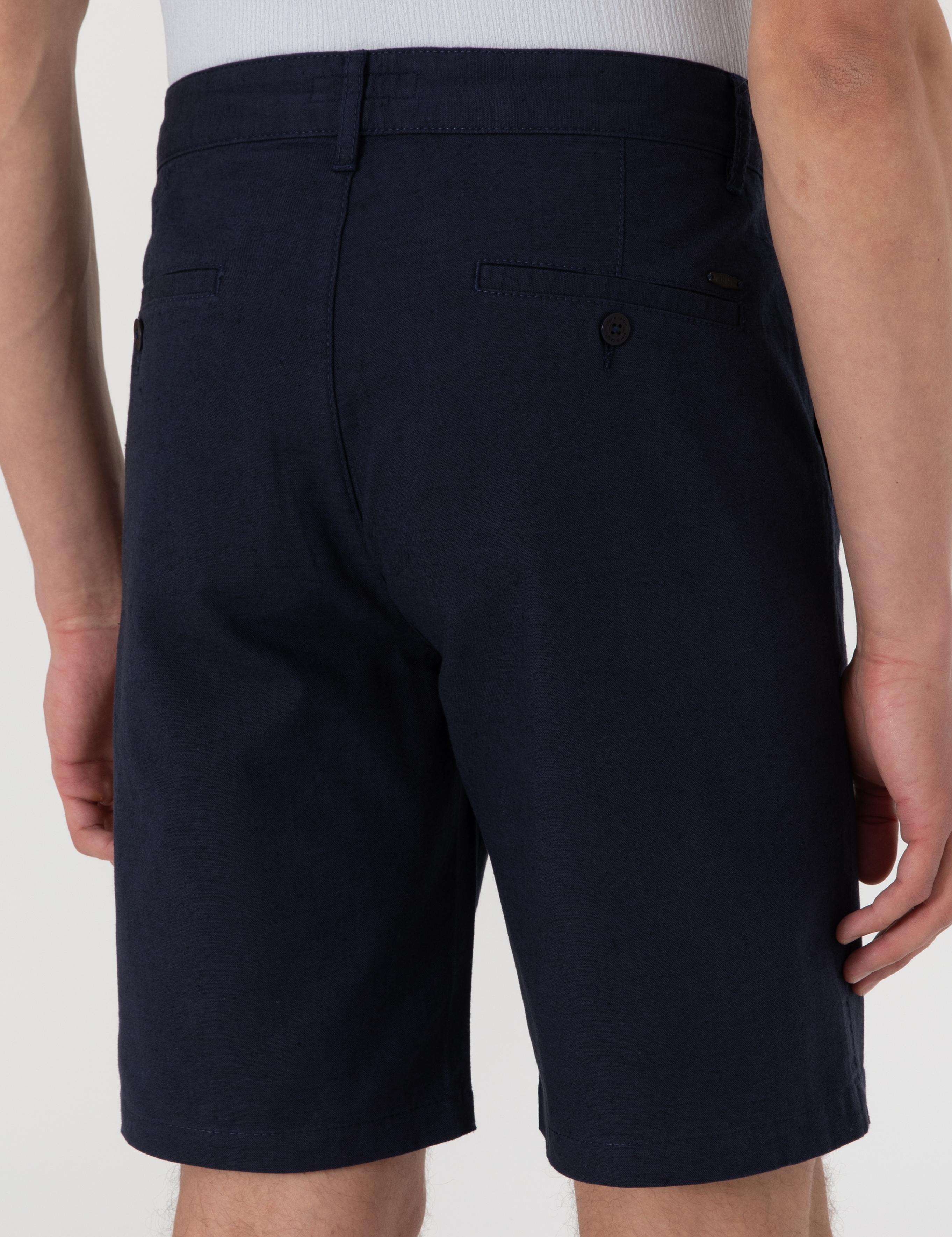 Lacivert Slim Fit Keten Karışımlı Beli Bağcıklı Dokuma Şort