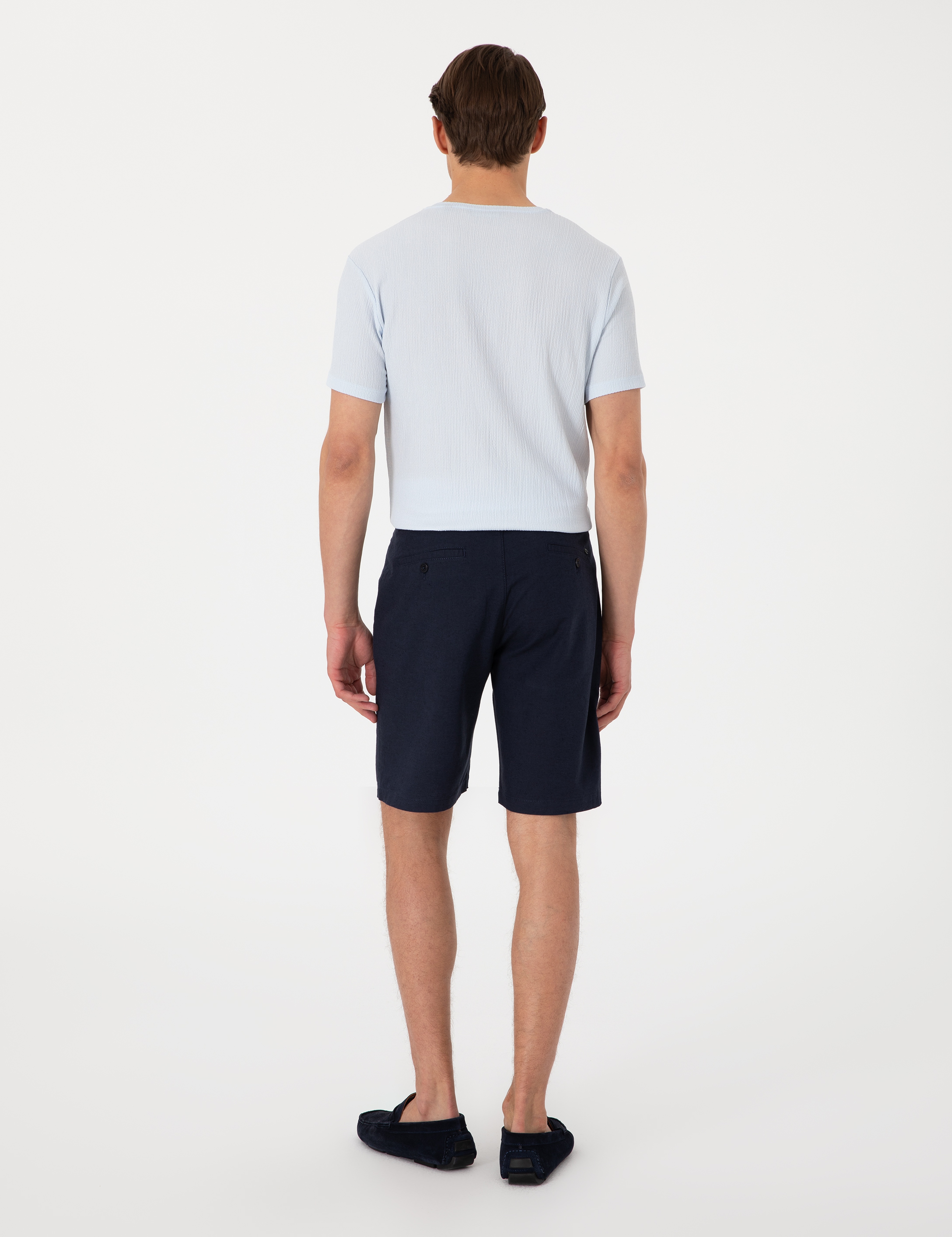 Lacivert Slim Fit Keten Karışımlı Beli Bağcıklı Dokuma Şort - Image 4