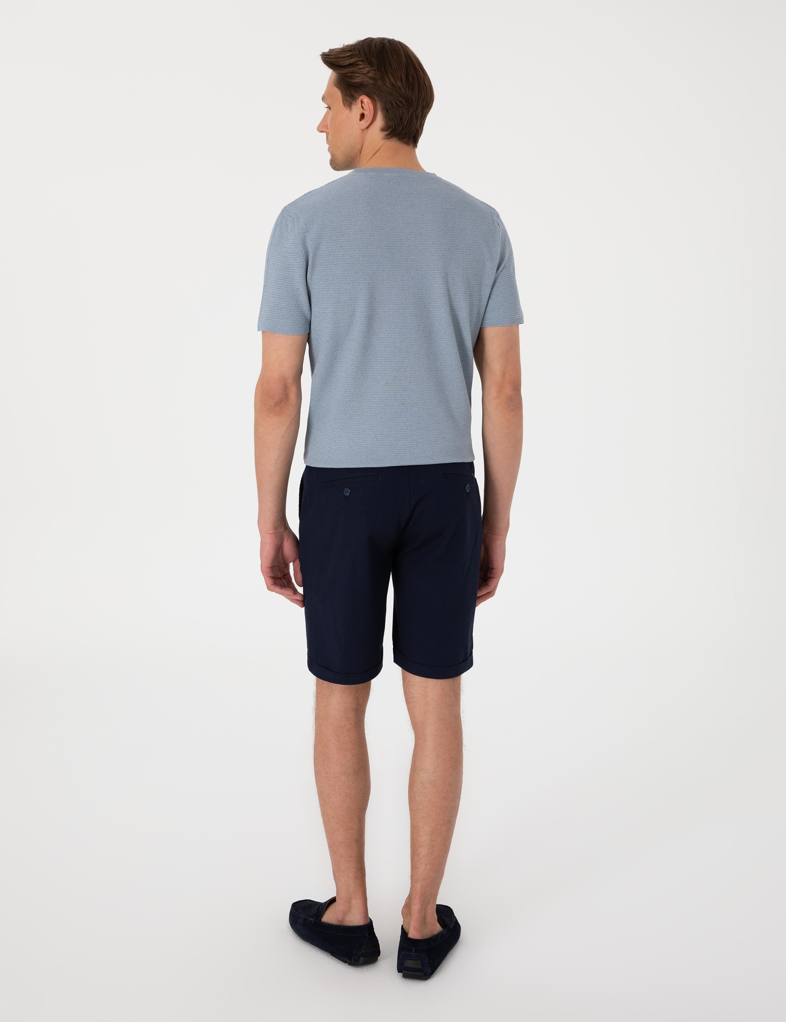 Lacivert Slim Fit Beli Lastikli Bağcıklı Dokuma Şort