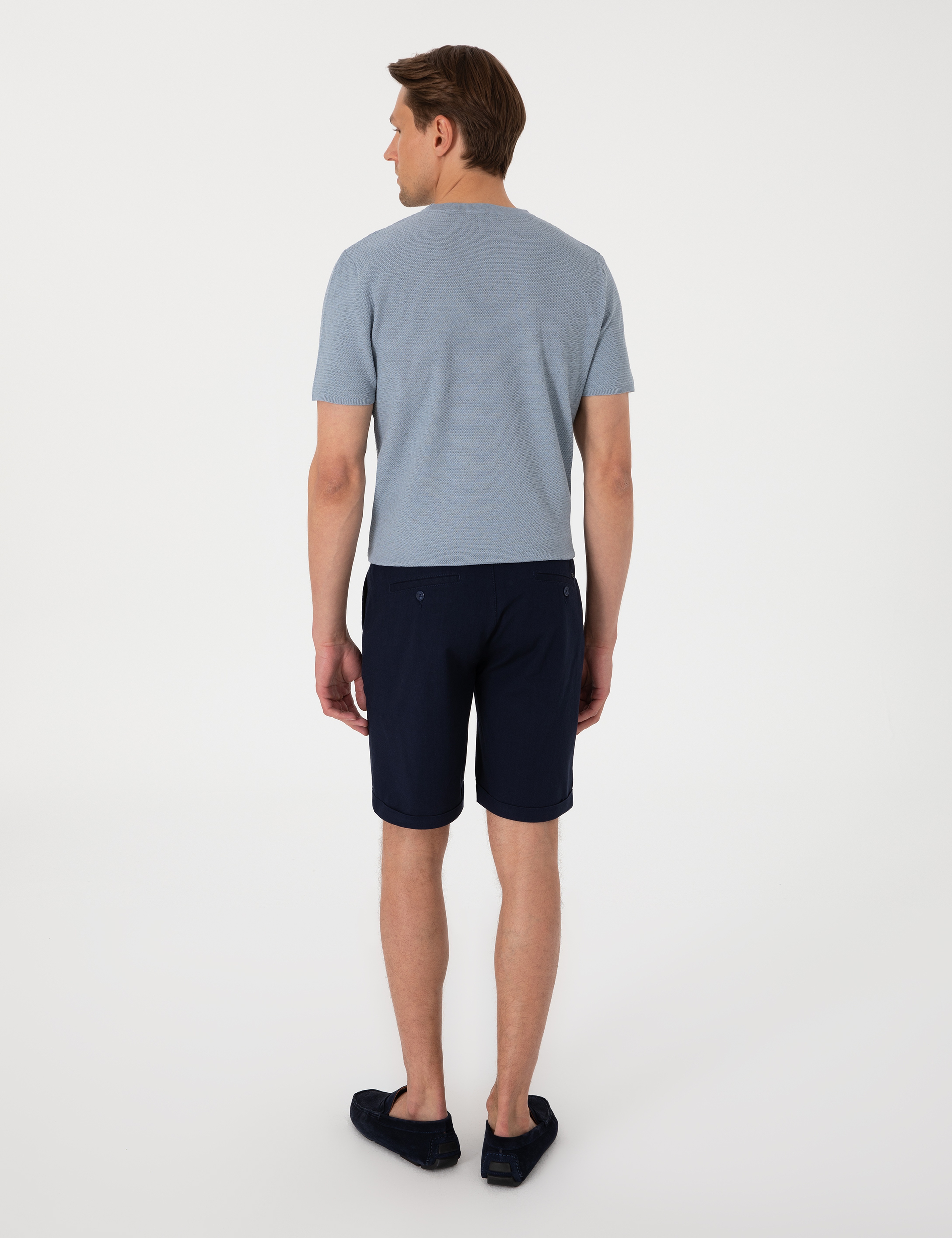 Lacivert Slim Fit Beli Lastikli Bağcıklı Dokuma Şort - Image 4
