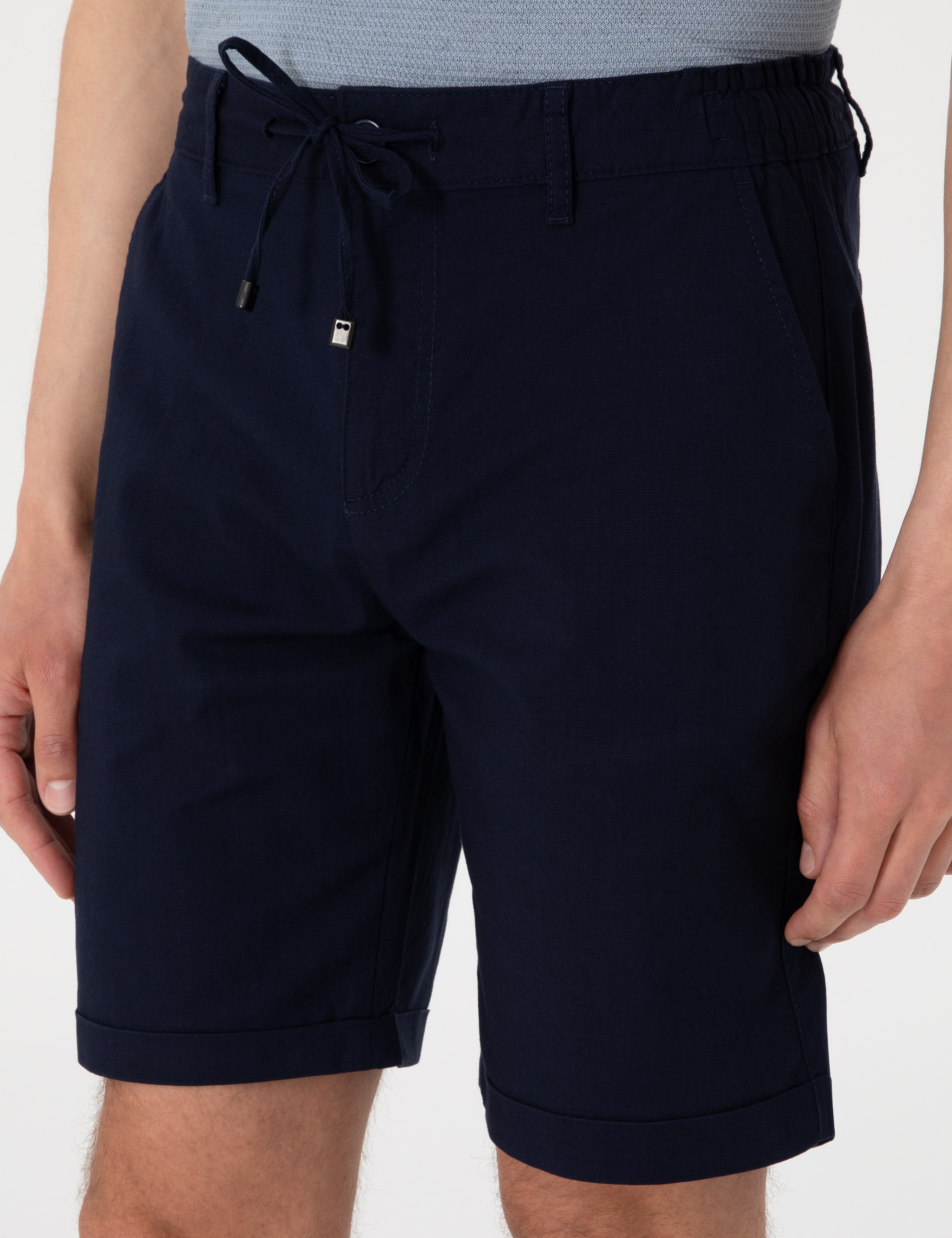 Lacivert Slim Fit Beli Lastikli Bağcıklı Dokuma Şort - Image 5
