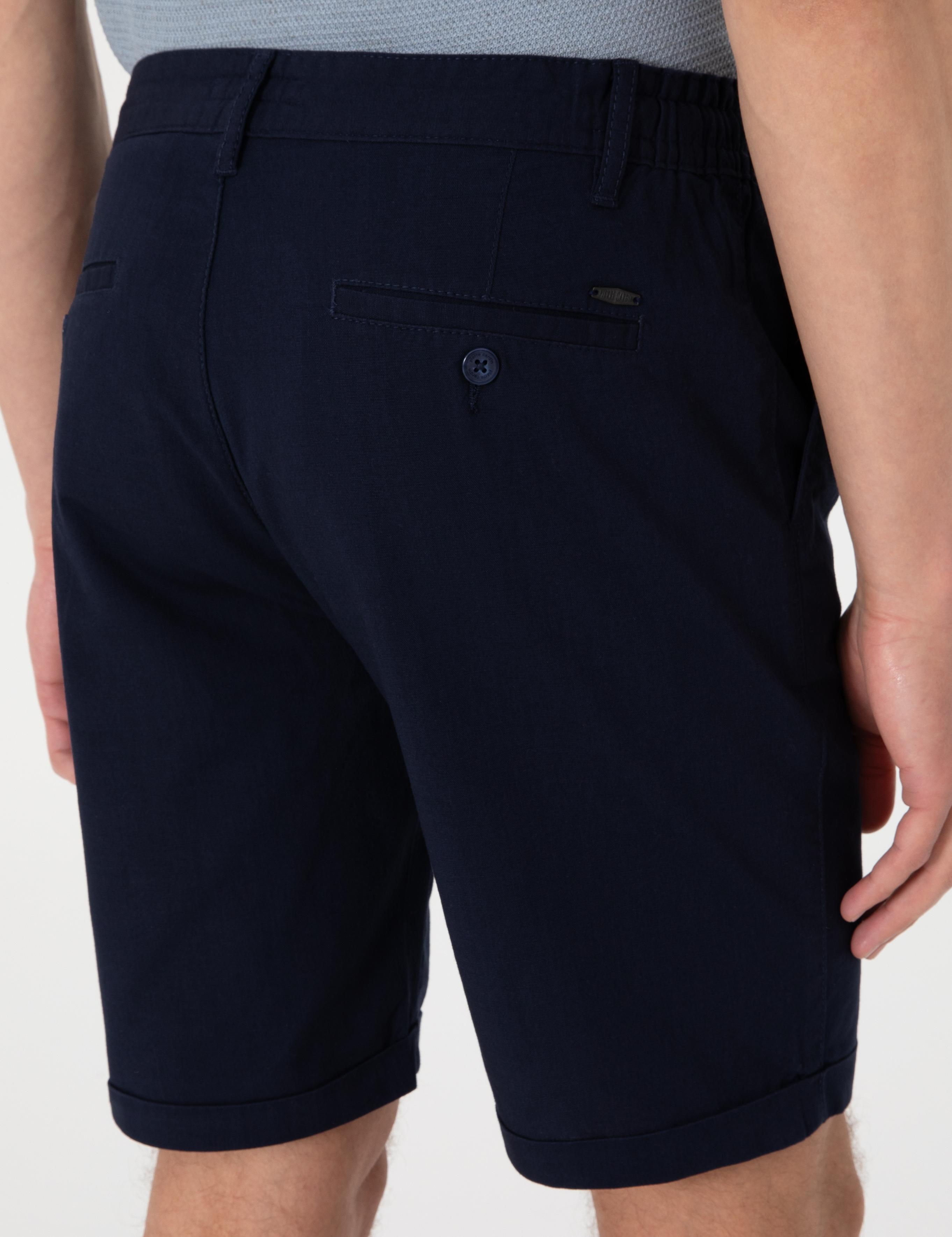 Lacivert Slim Fit Beli Lastikli Bağcıklı Dokuma Şort