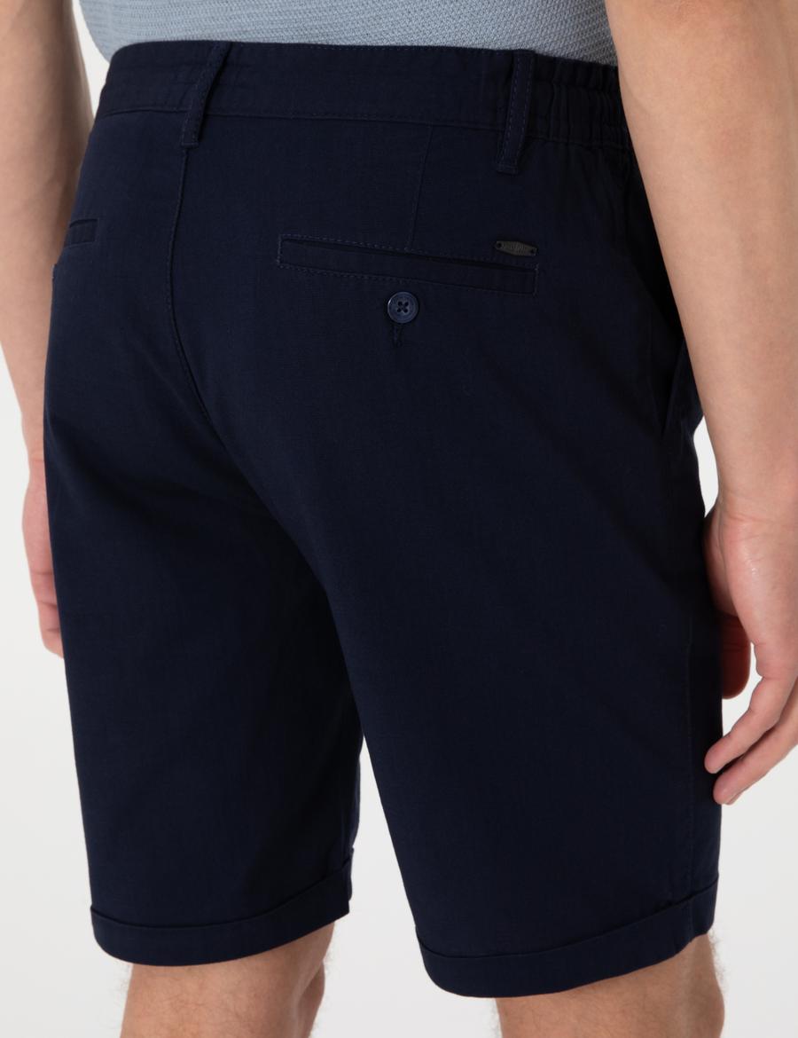 Lacivert Slim Fit Beli Lastikli Bağcıklı Dokuma Şort