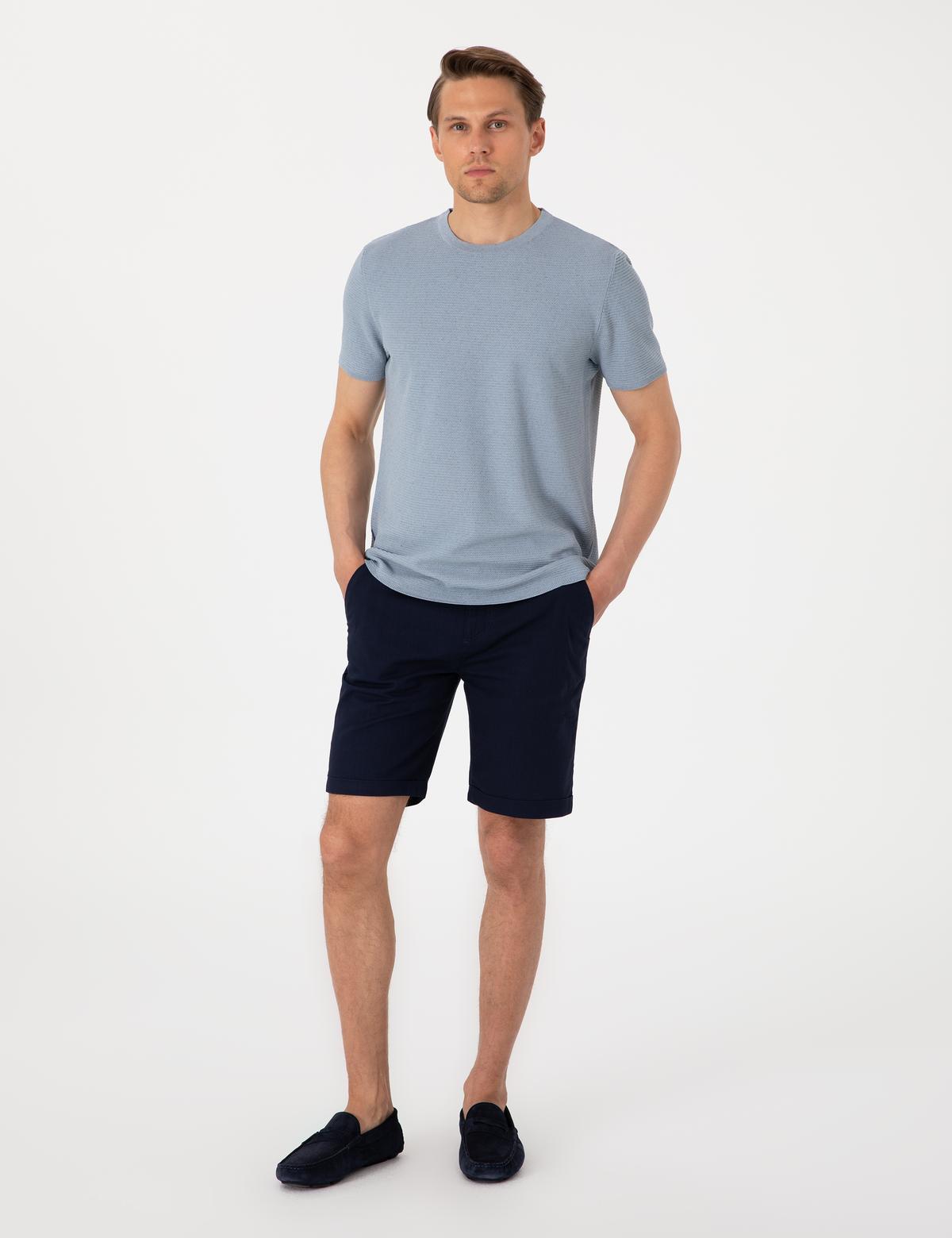 Lacivert Slim Fit Beli Lastikli Bağcıklı Dokuma Şort