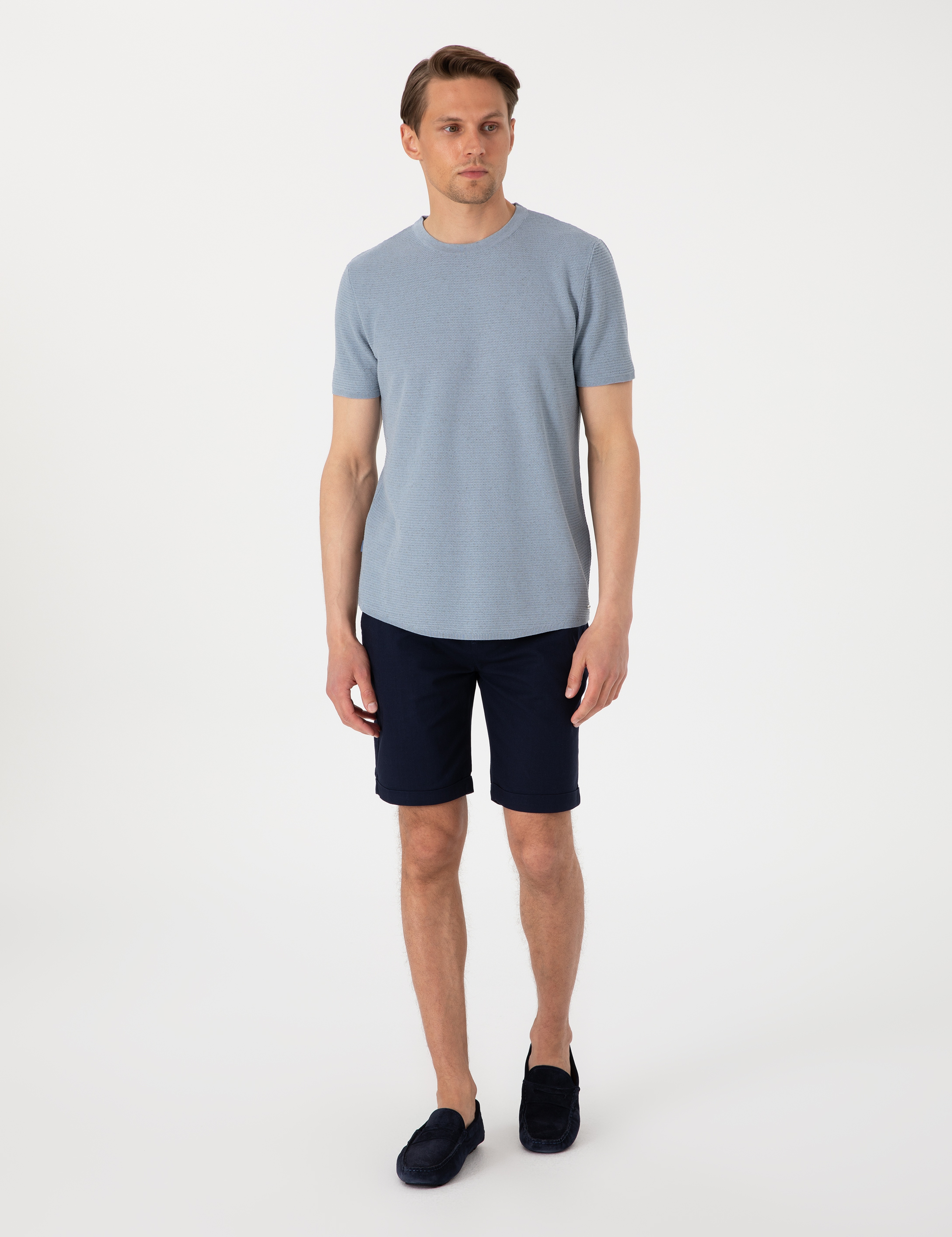 Lacivert Slim Fit Beli Lastikli Bağcıklı Dokuma Şort - Image 3