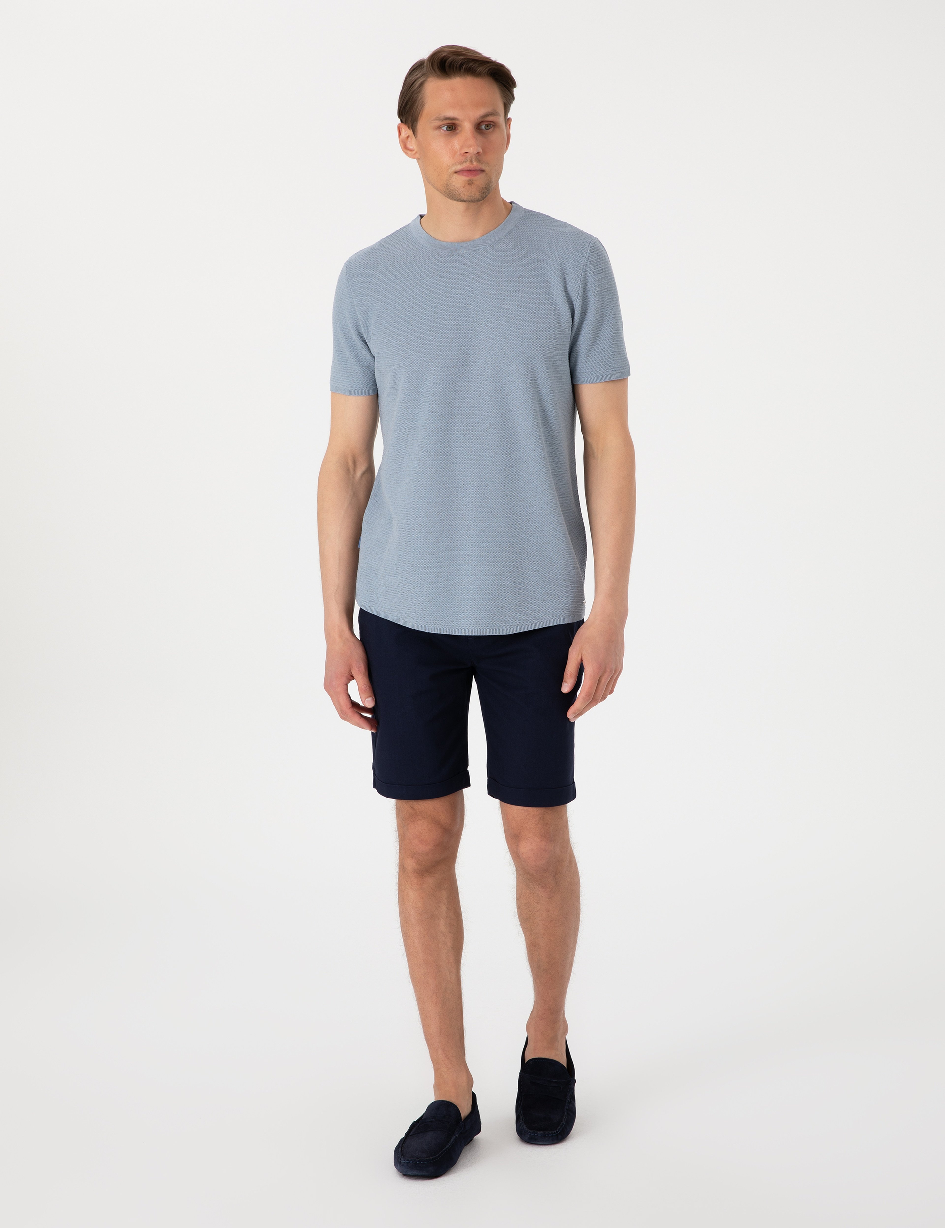Lacivert Slim Fit Beli Lastikli Bağcıklı Dokuma Şort