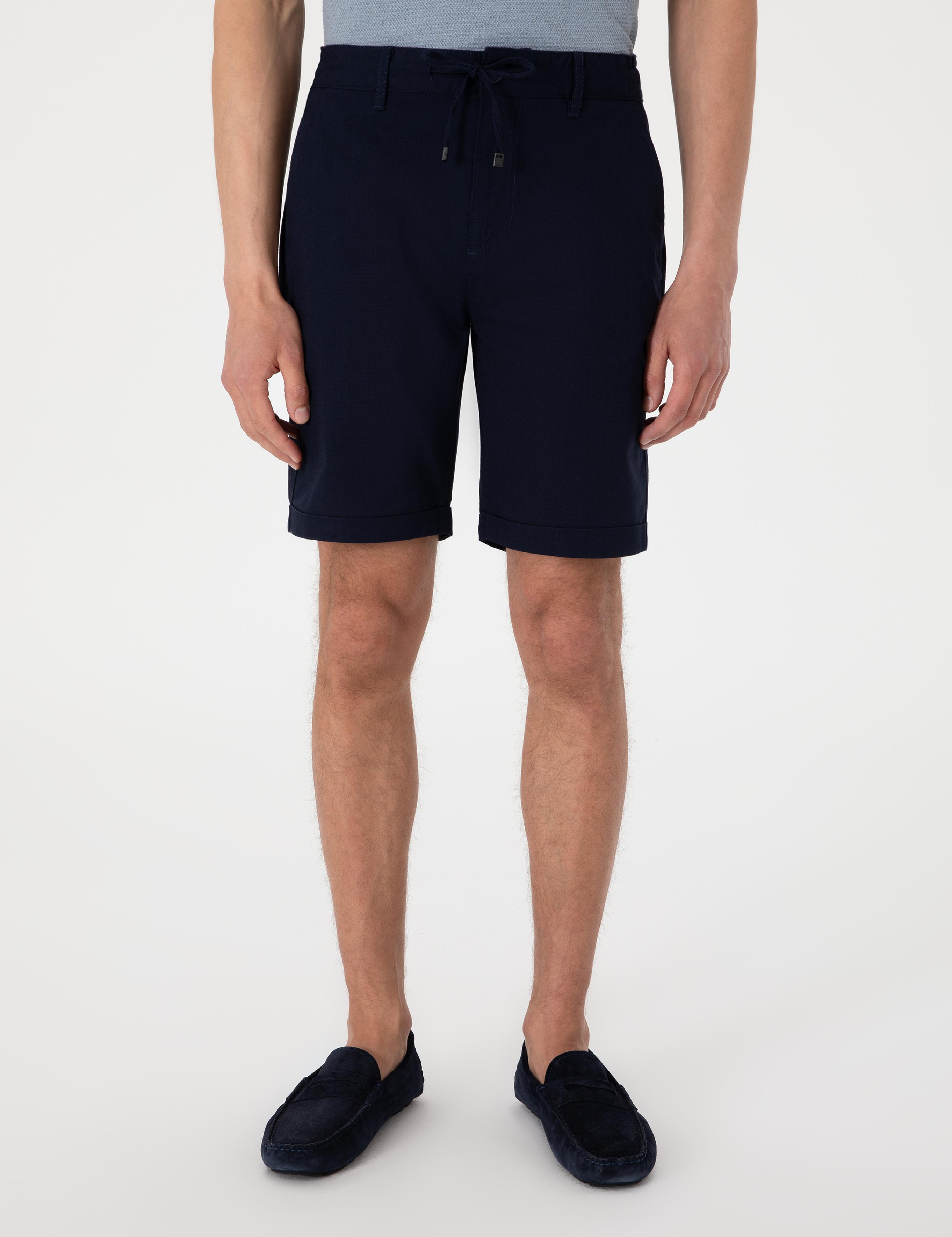 Lacivert Slim Fit Beli Lastikli Bağcıklı Dokuma Şort