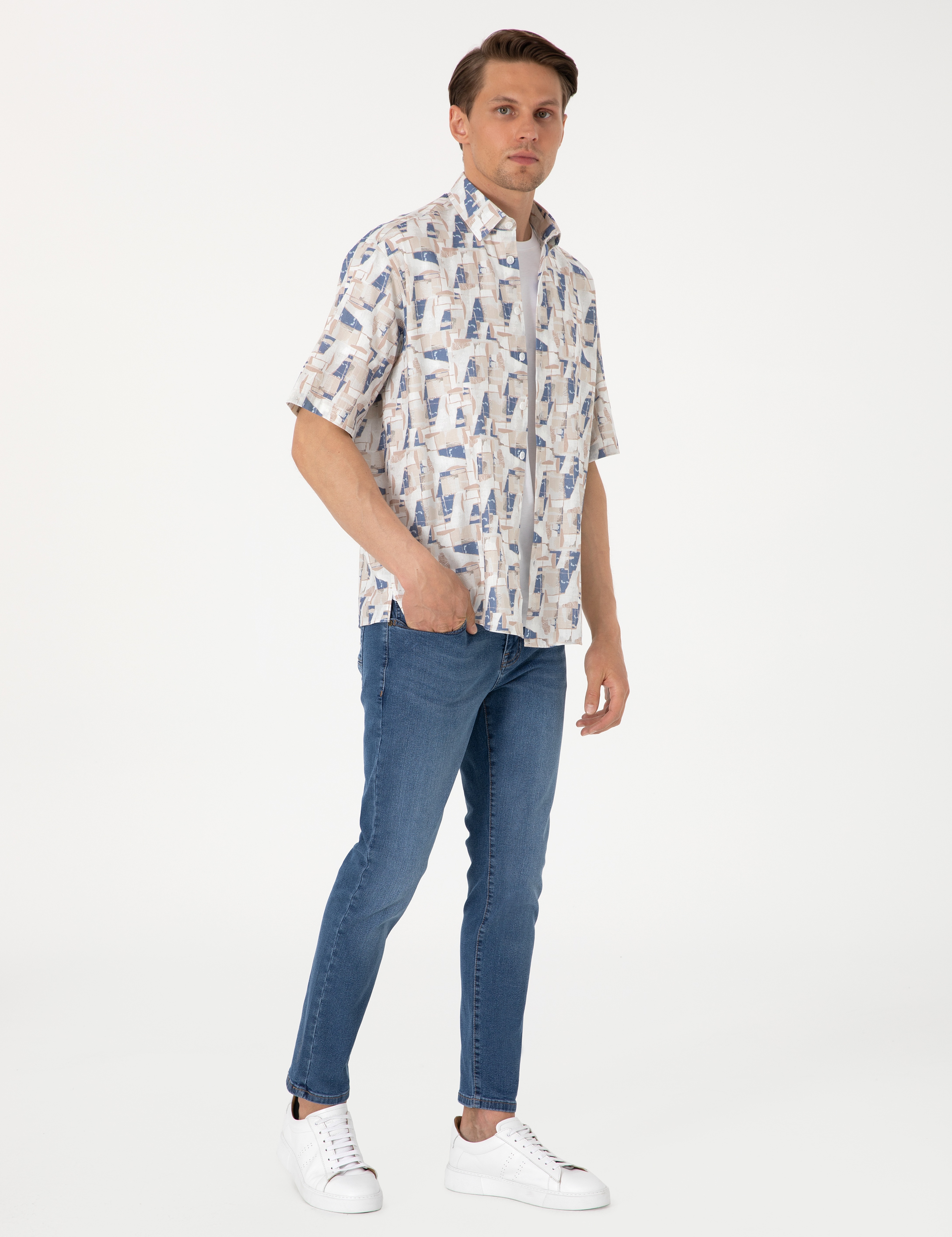 Mavi Oversize Kısa Kollu Gömlek - Image 4