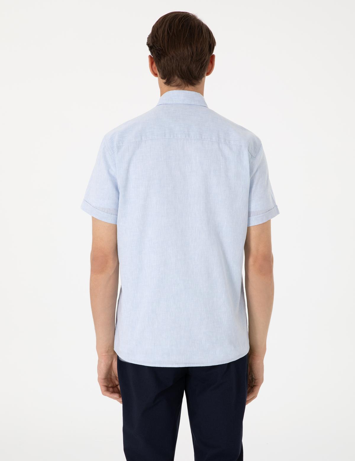 Açık Mavi Keten Karışımlı Regular Fit Kısa Kollu Gömlek - 50303287087