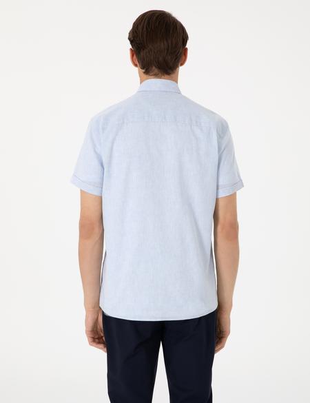 Açık Mavi Keten Karışımlı Regular Fit Kısa Kollu Gömlek - 50303287087