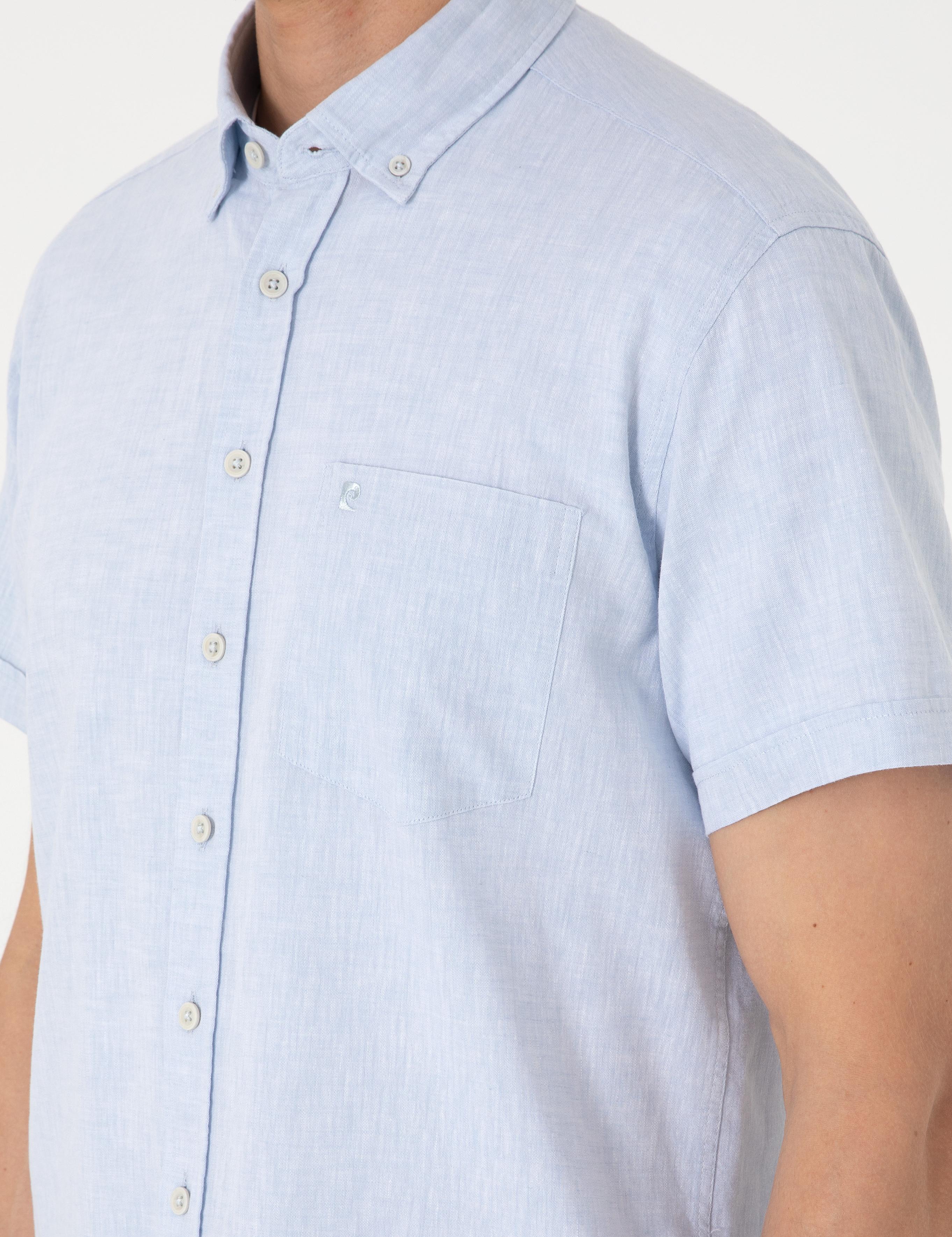 Açık Mavi Keten Karışımlı Regular Fit Kısa Kollu Gömlek