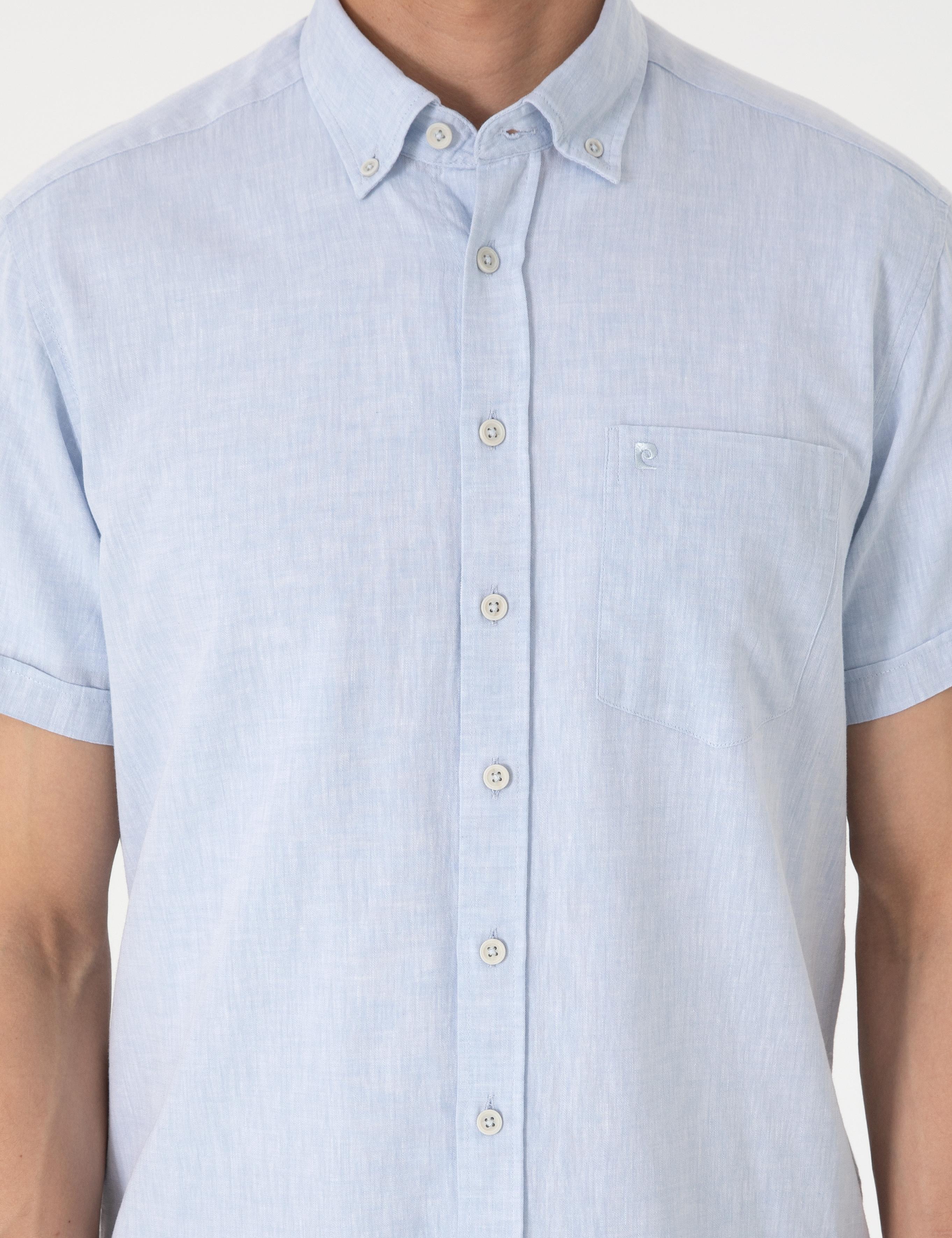 Açık Mavi Keten Karışımlı Regular Fit Kısa Kollu Gömlek