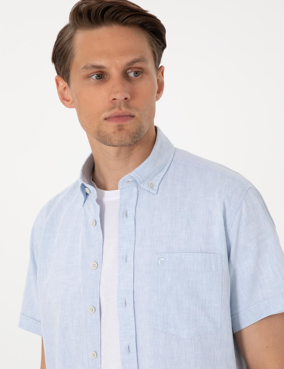 Açık Mavi Keten Karışımlı Regular Fit Kısa Kollu Gömlek - 50303287087