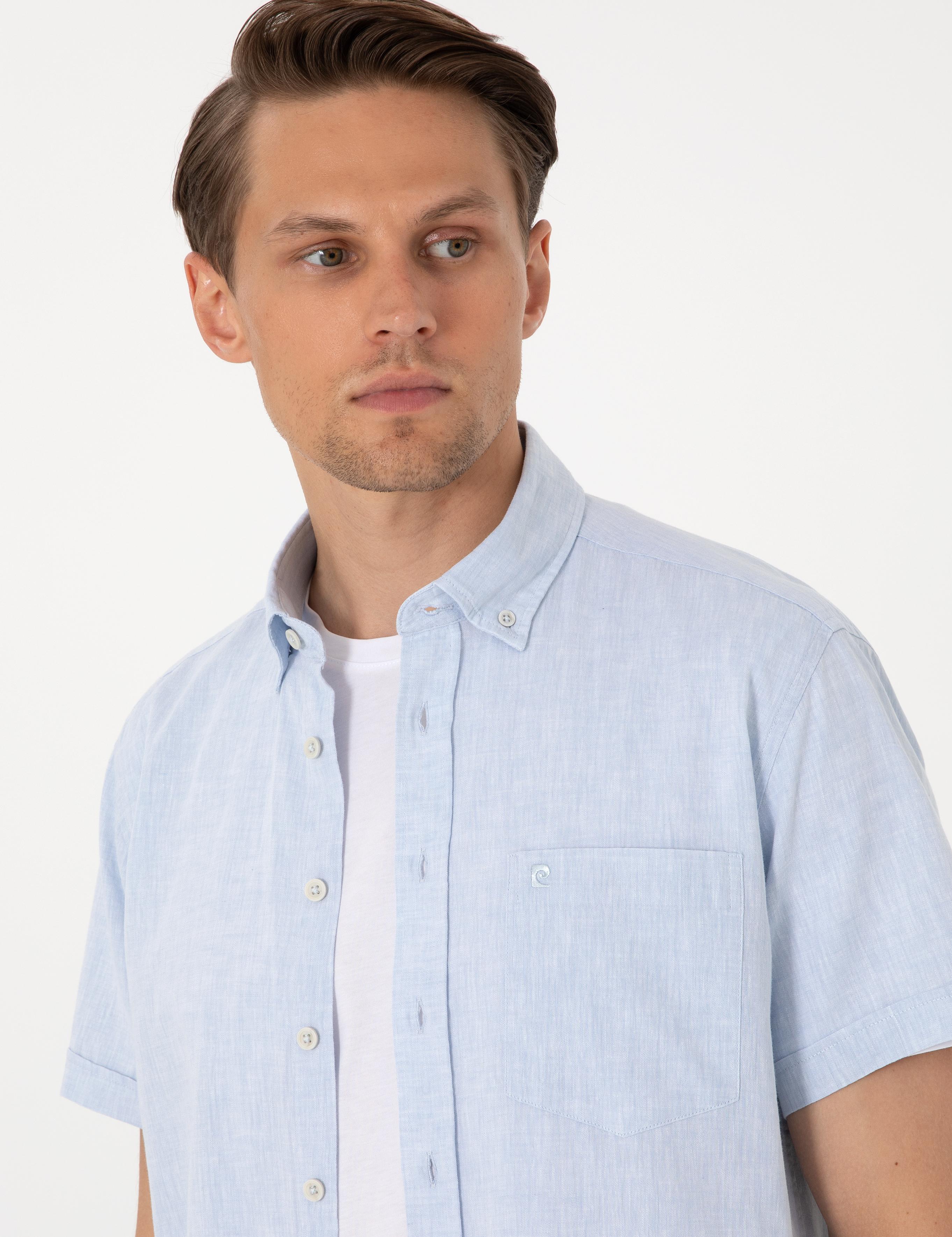 Açık Mavi Keten Karışımlı Regular Fit Kısa Kollu Gömlek