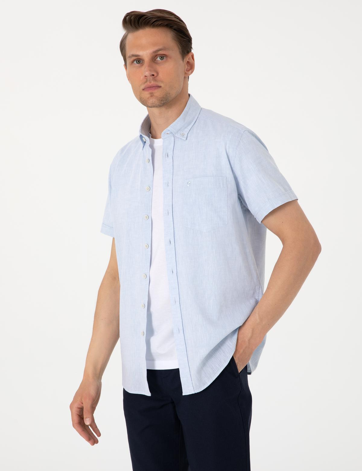 Açık Mavi Keten Karışımlı Regular Fit Kısa Kollu Gömlek - 50303287087