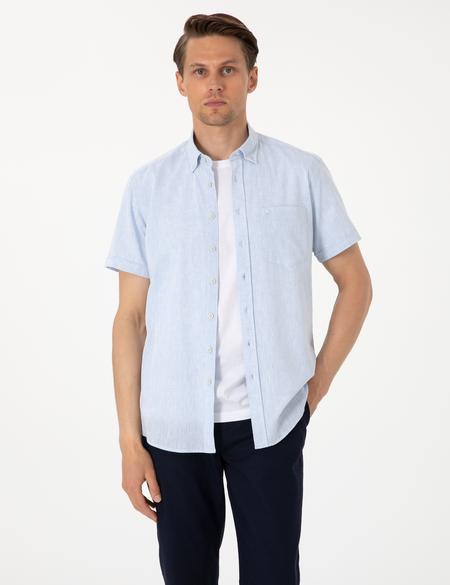 Açık Mavi Keten Karışımlı Regular Fit Kısa Kollu Gömlek - 50303287087