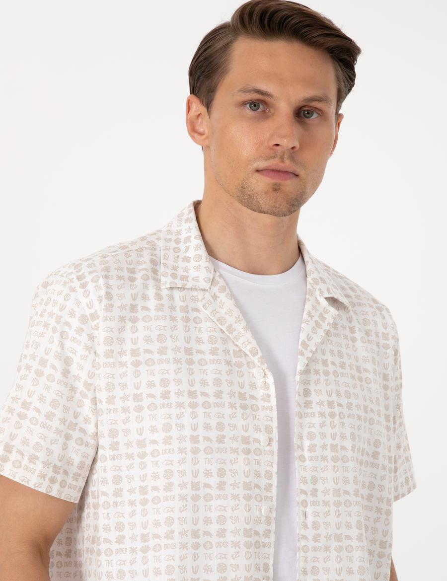 Bej Comfort Fit Kısa Kollu Gömlek