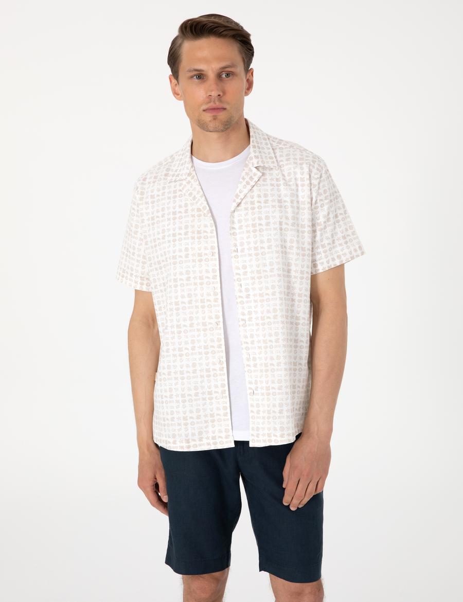 Bej Comfort Fit Kısa Kollu Gömlek