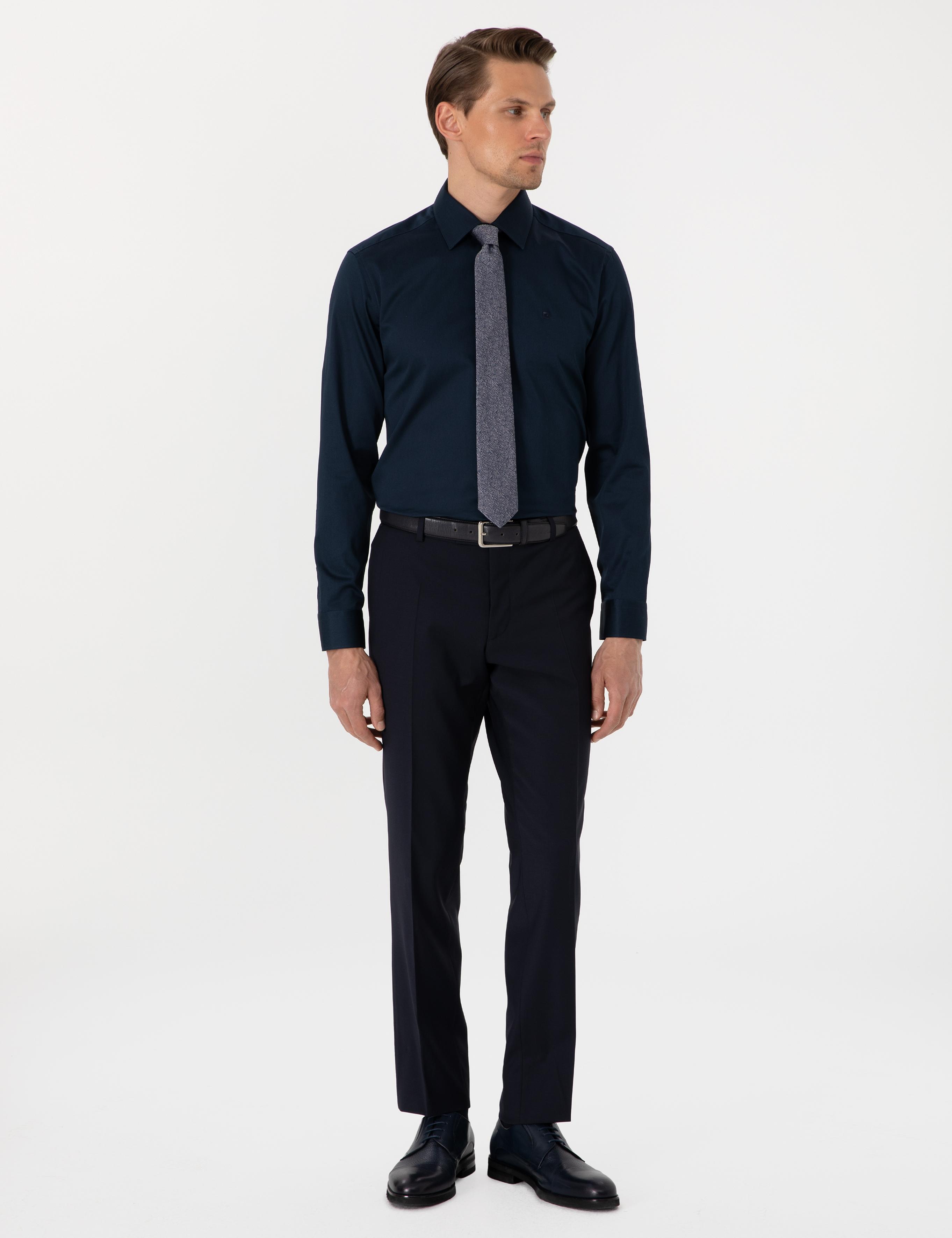 Lacivert Parlak Saten Slim Fit Uzun Kollu Basic Gömlek