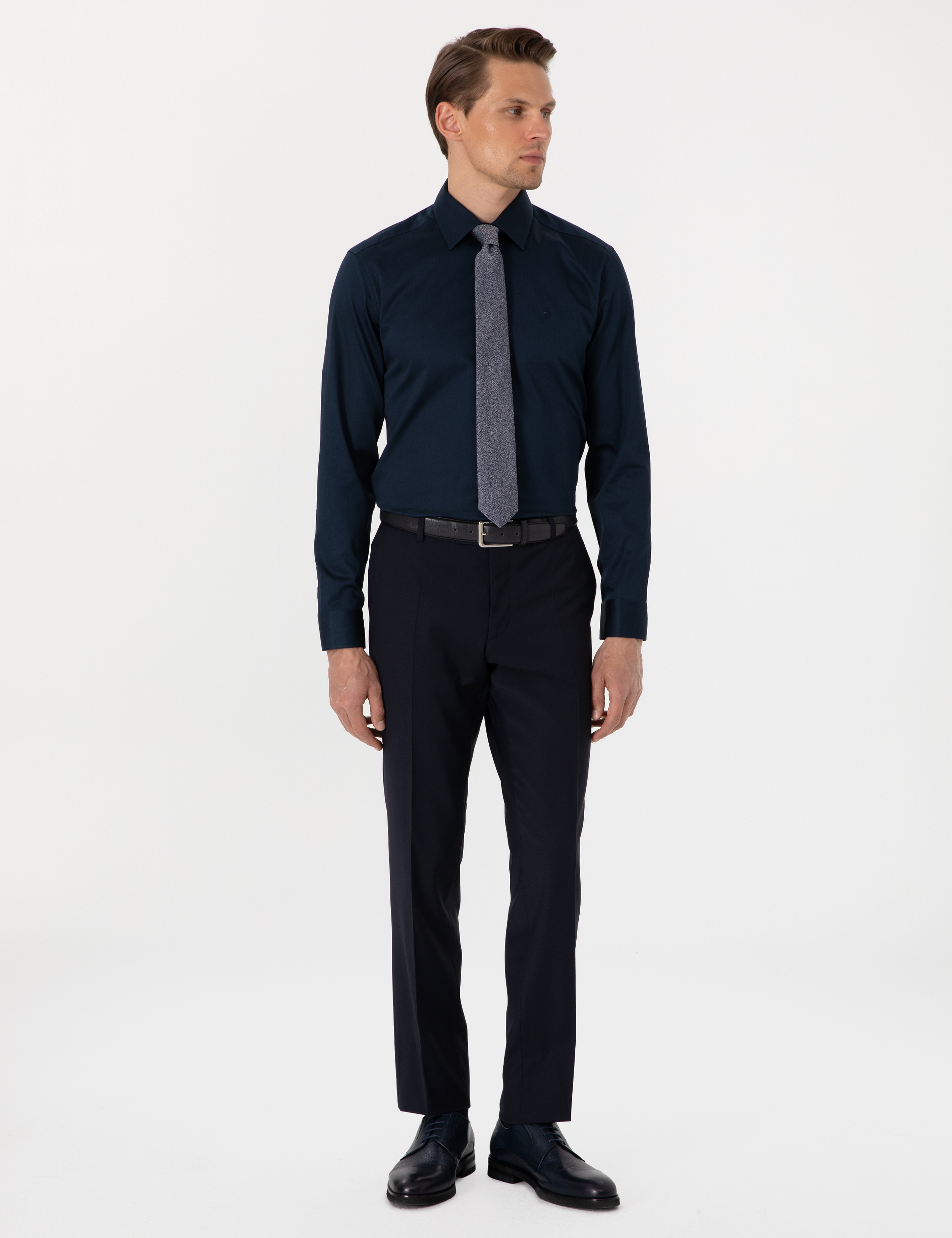 Lacivert %100 Pamuk Parlak Saten Slim Fit Uzun Kollu Basic Gömlek