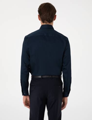 Lacivert %100 Pamuk Parlak Saten Slim Fit Uzun Kollu Basic Gömlek