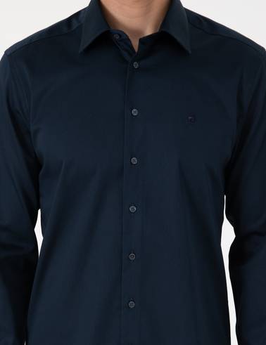 Lacivert %100 Pamuk Parlak Saten Slim Fit Uzun Kollu Basic Gömlek