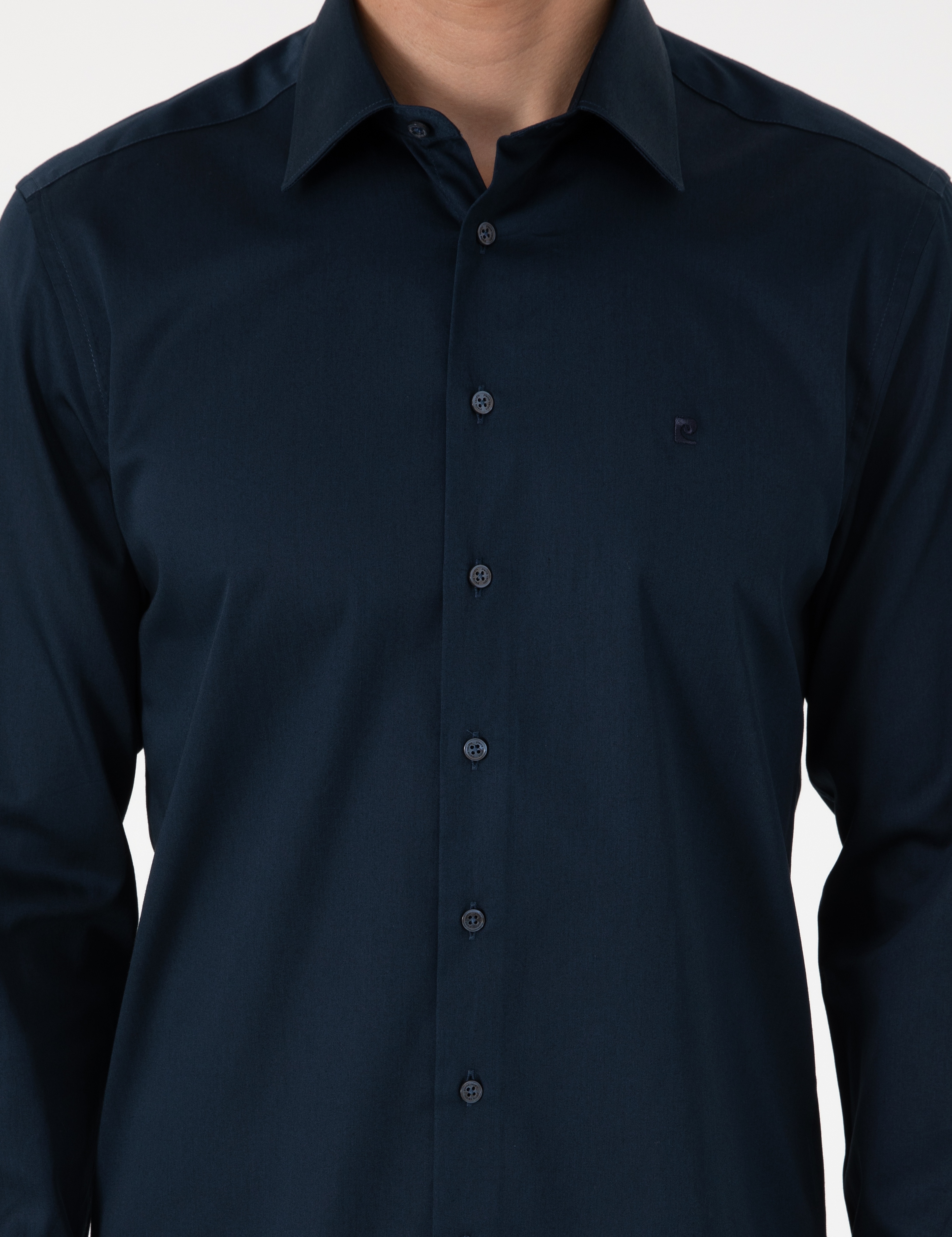 Lacivert %100 Pamuk Parlak Saten Slim Fit Uzun Kollu Basic Gömlek - Image 6