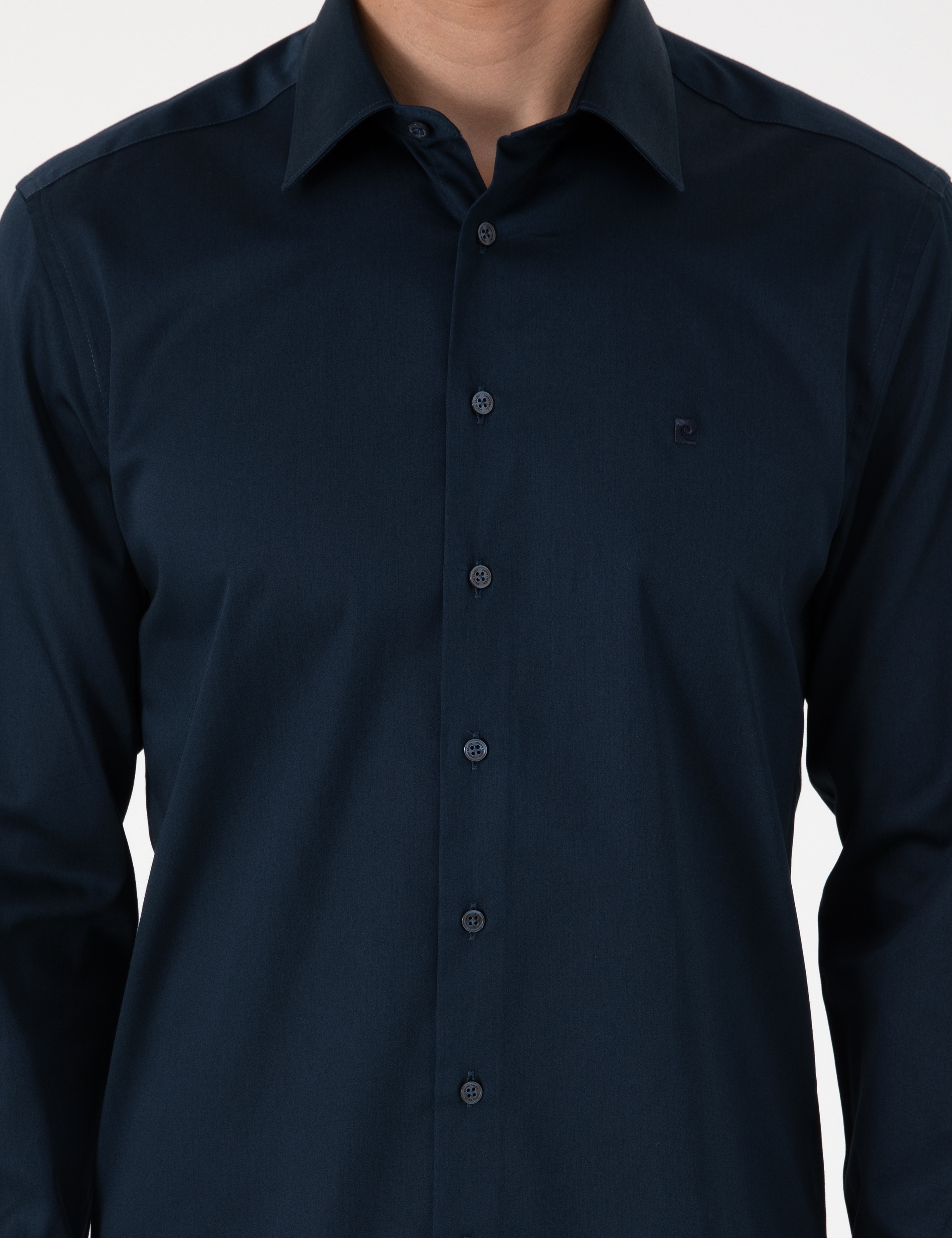 Lacivert %100 Pamuk Parlak Saten Slim Fit Uzun Kollu Basic Gömlek