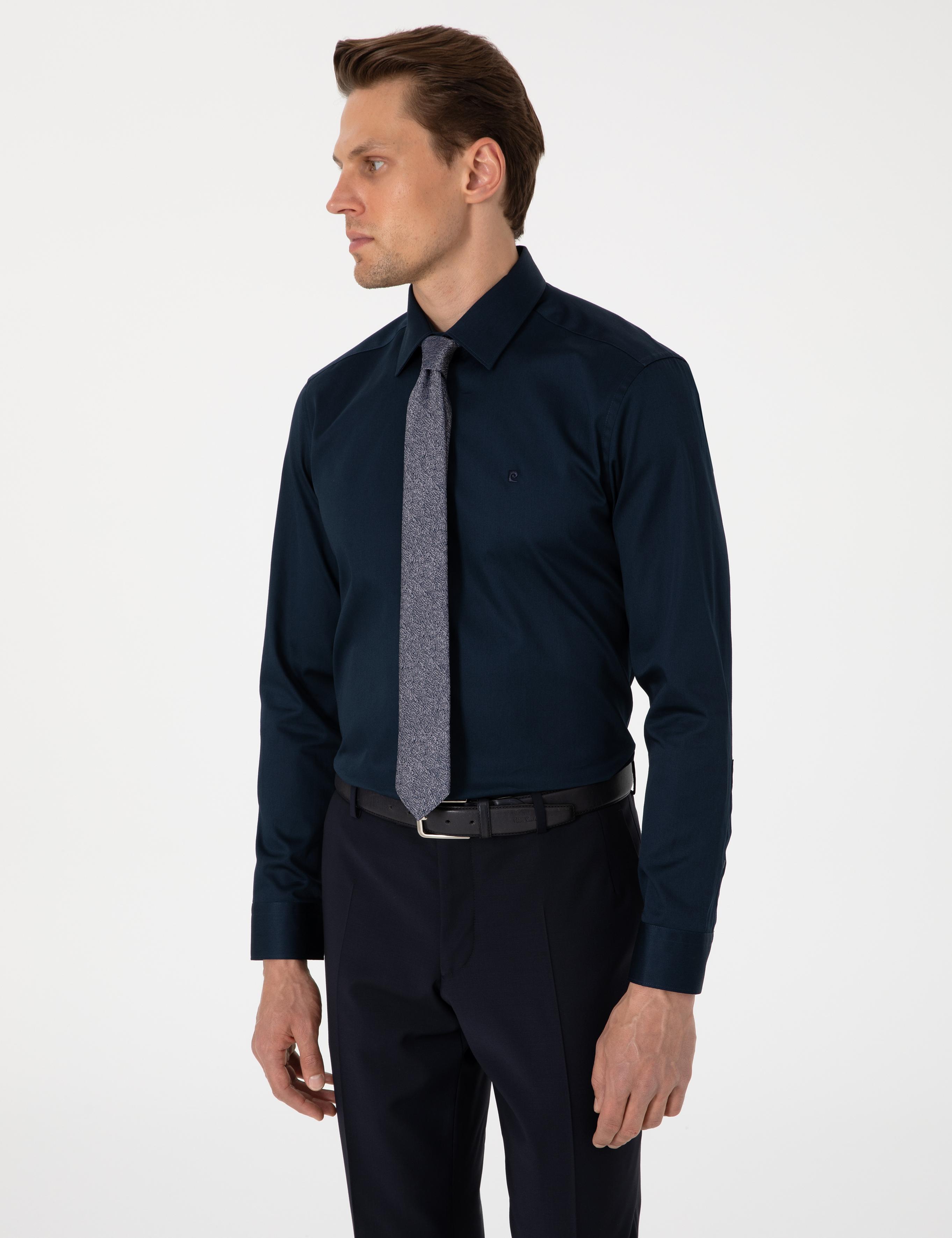 Lacivert Parlak Saten Slim Fit Uzun Kollu Basic Gömlek