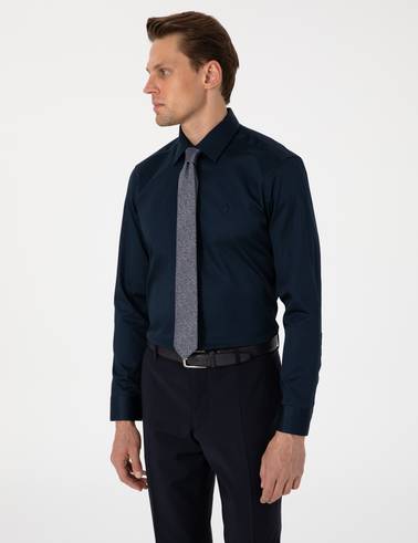 Lacivert %100 Pamuk Parlak Saten Slim Fit Uzun Kollu Basic Gömlek