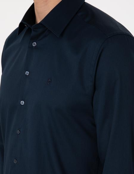Lacivert Parlak Saten Slim Fit Uzun Kollu Basic Gömlek - 50305127043