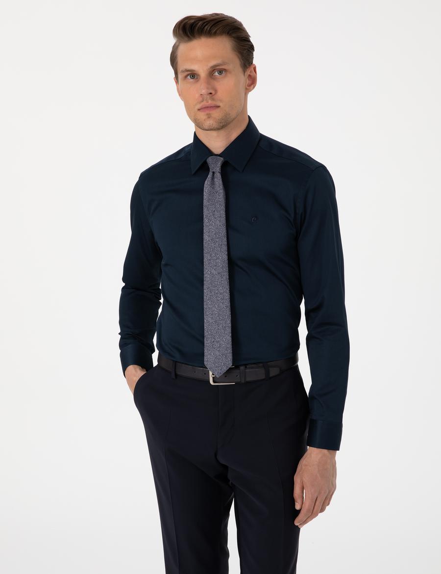 Lacivert Parlak Saten Slim Fit Uzun Kollu Basic Gömlek