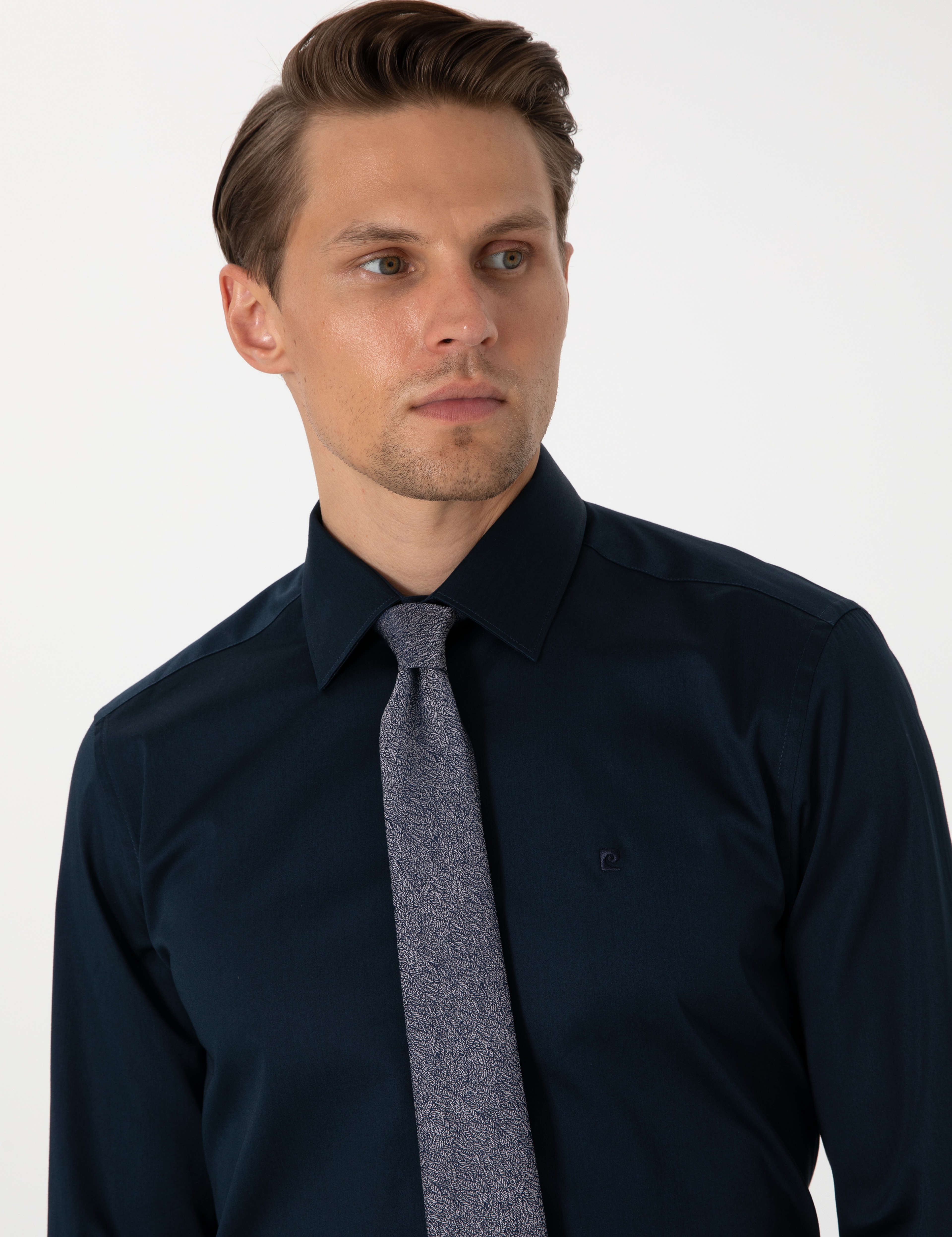 Lacivert %100 Pamuk Parlak Saten Slim Fit Uzun Kollu Basic Gömlek - Image 2