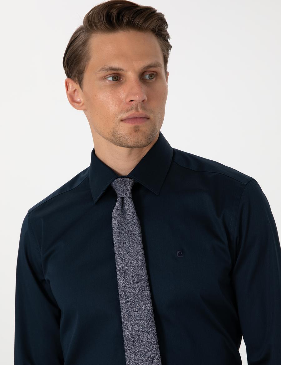 Lacivert Parlak Saten Slim Fit Uzun Kollu Basic Gömlek