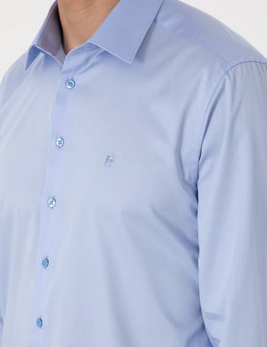 Koyu Mavi %100 Pamuk Parlak Saten Slim Fit Uzun Kollu Basic Gömlek