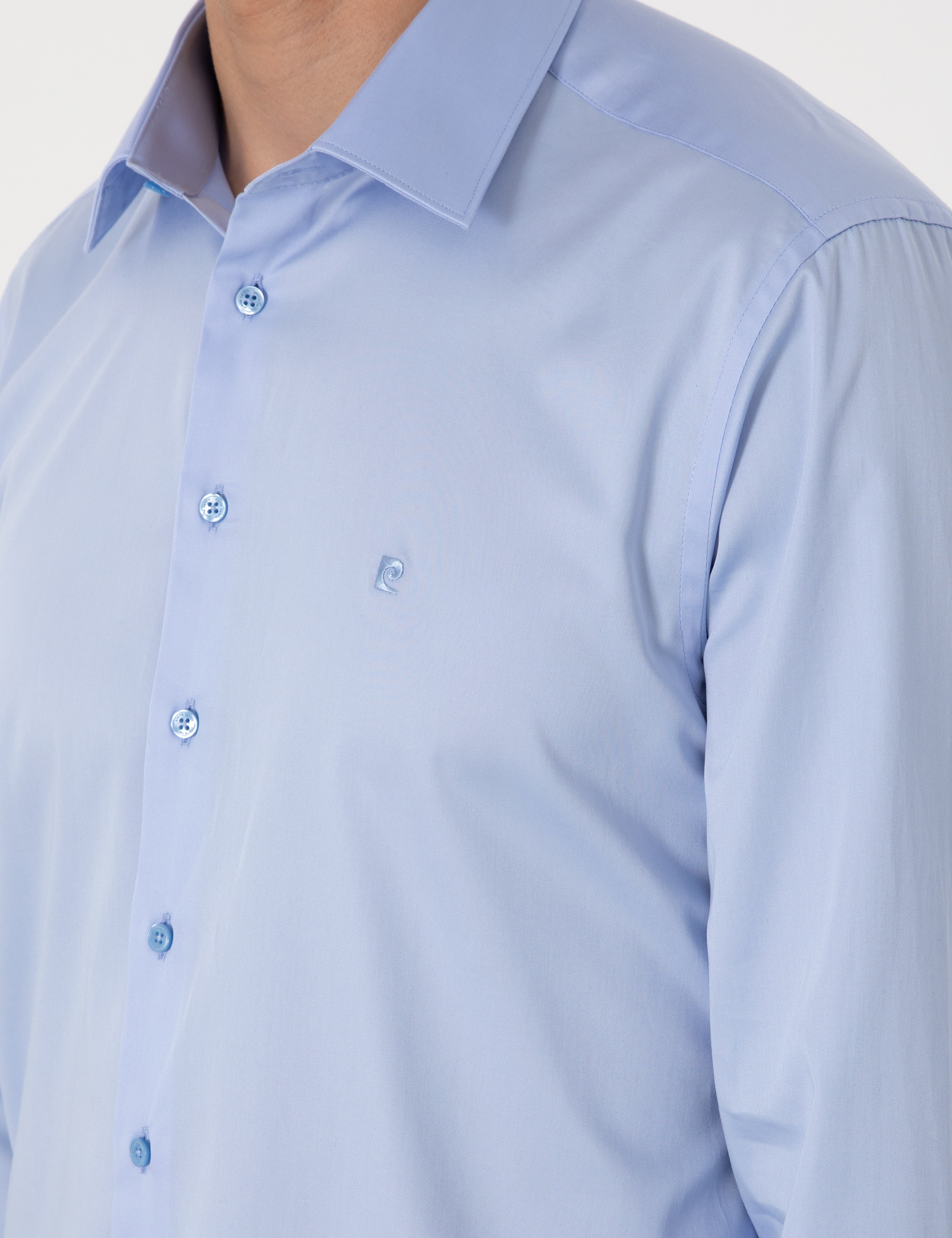Koyu Mavi %100 Pamuk Parlak Saten Slim Fit Uzun Kollu Basic Gömlek