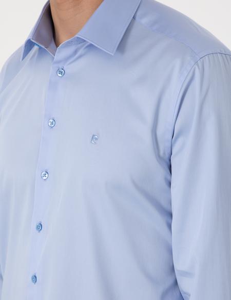 Koyu Mavi Parlak Saten Slim Fit Uzun Kollu Basic Gömlek - 50305127034