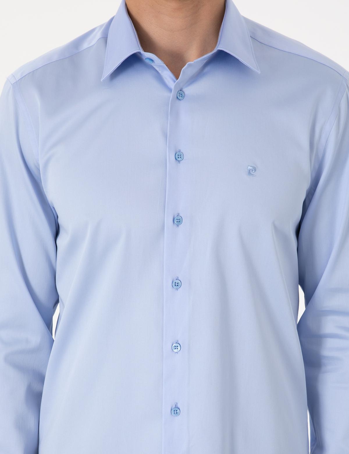 Koyu Mavi Parlak Saten Slim Fit Uzun Kollu Basic Gömlek - 50305127034