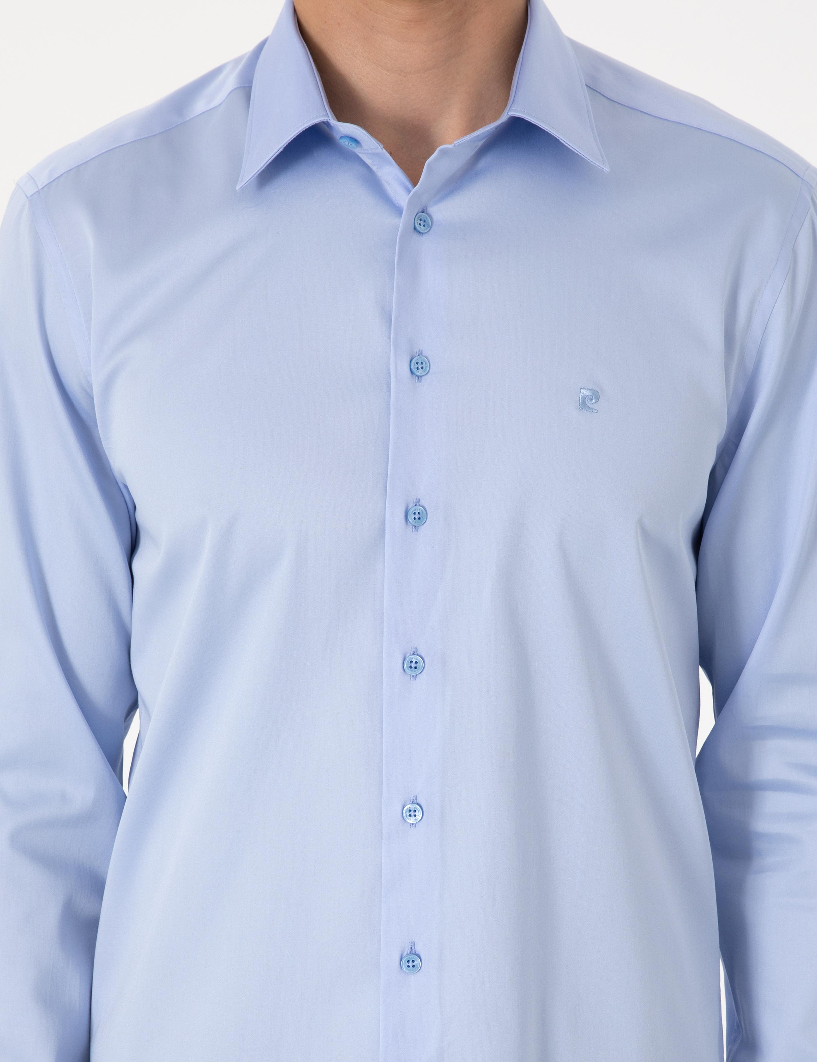 Koyu Mavi Parlak Saten Slim Fit Uzun Kollu Basic Gömlek